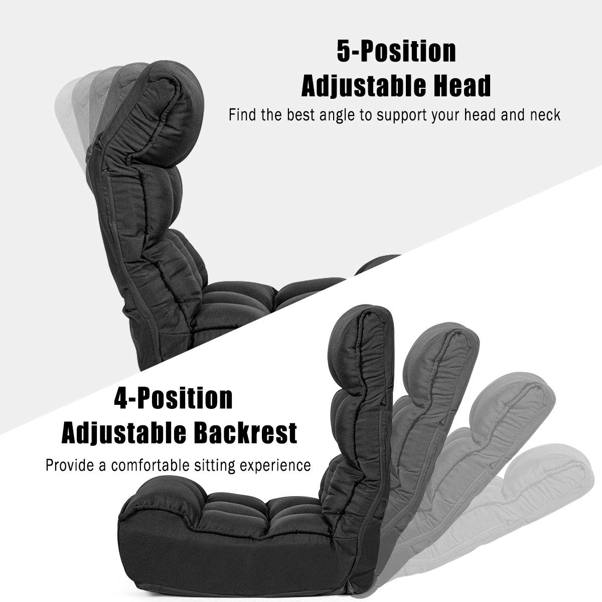 SAFSTAR Adjustable Folding Floor Chair - 5-Position Headrest & 4-Position Backrest Gaming Chair with Thick Cushion & Side Pocket - Comfortable Padded Seat for Living Room, Bedroom, Gaming, Reading & Relaxing