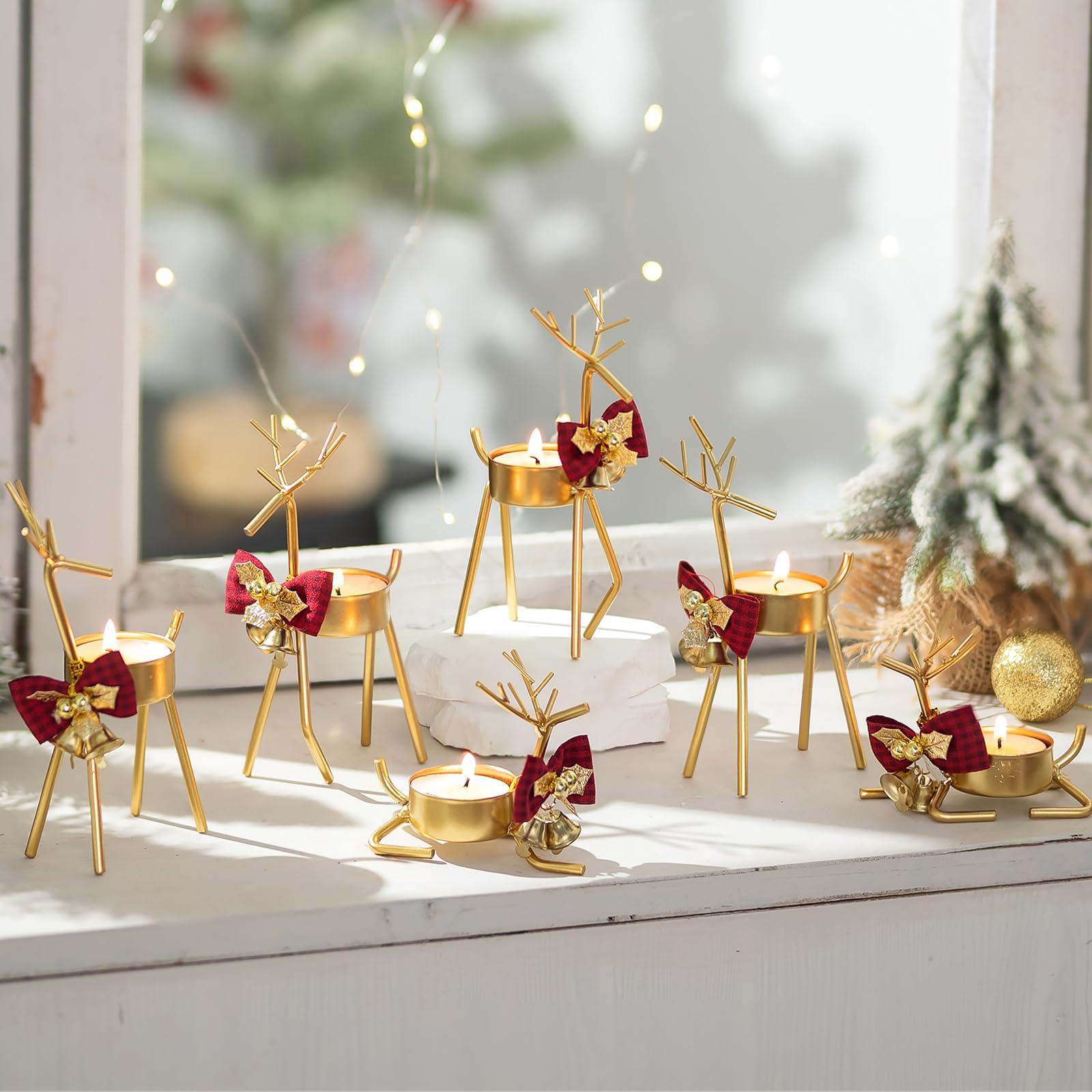 6Pcs Gold Reindeer Christmas Tealight Candle Holders - Elegant Holiday Decor for Windows, Tables & Mantels | Perfect for Christmas Parties, Home Decor & Festive Centerpieces