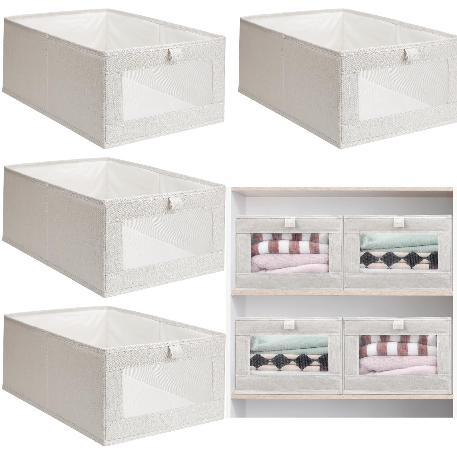 Kigley 8-Piece Linen Closet Organizer Set - Foldable Storage Bins with Window for Clothes, Jeans & Toys - Beige Fabric Shelving Baskets for Bedroom, Nursery & Closet Organization