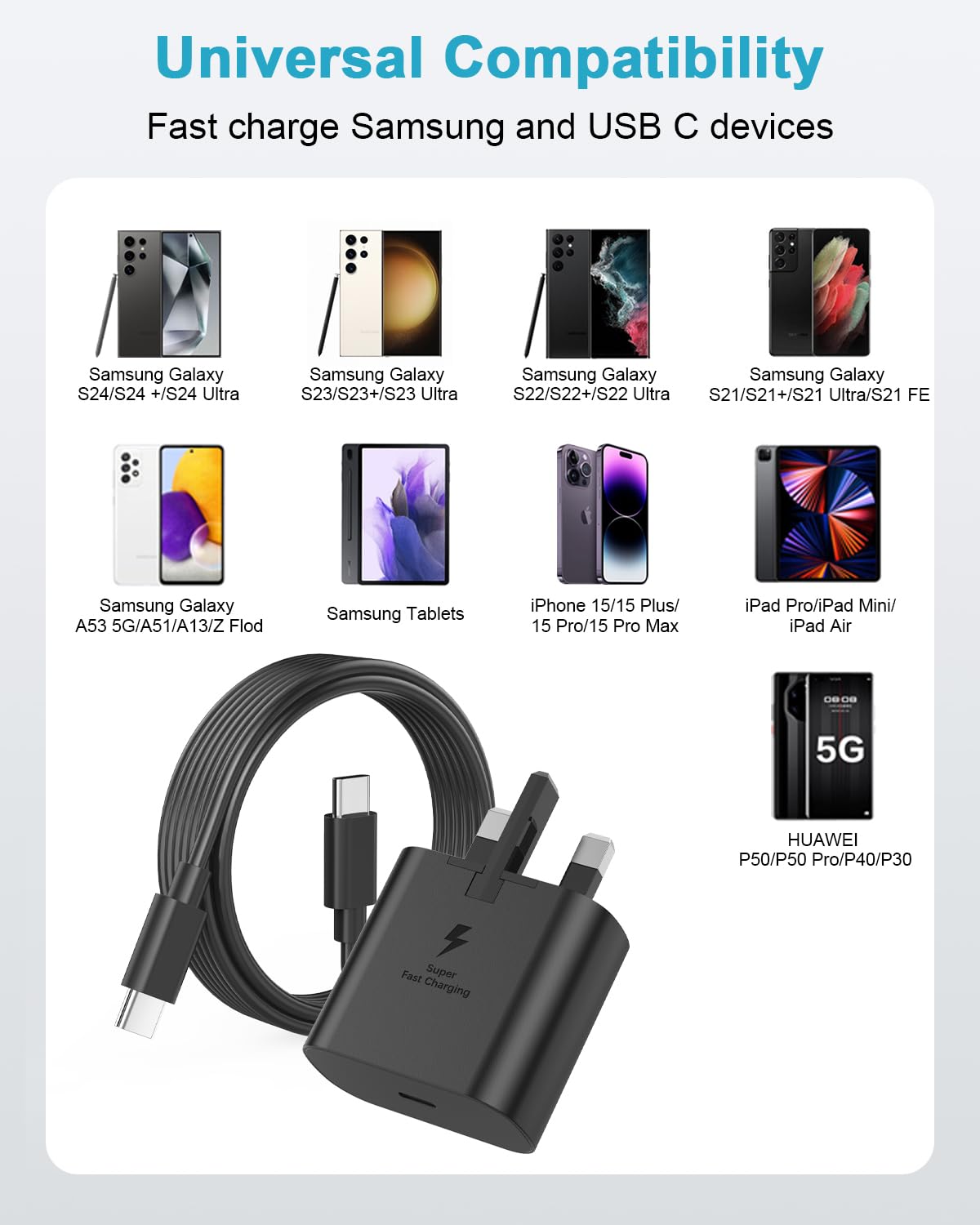 25W USB C Fast Charger with 2M Cable for Samsung Galaxy S24/S23 Ultra/S23+/S22 Ultra/S22+/S21/S20 FE/Note 20/A54 5G - Super Fast Charging, Type C Plug - Perfect for Home, Office & Travel