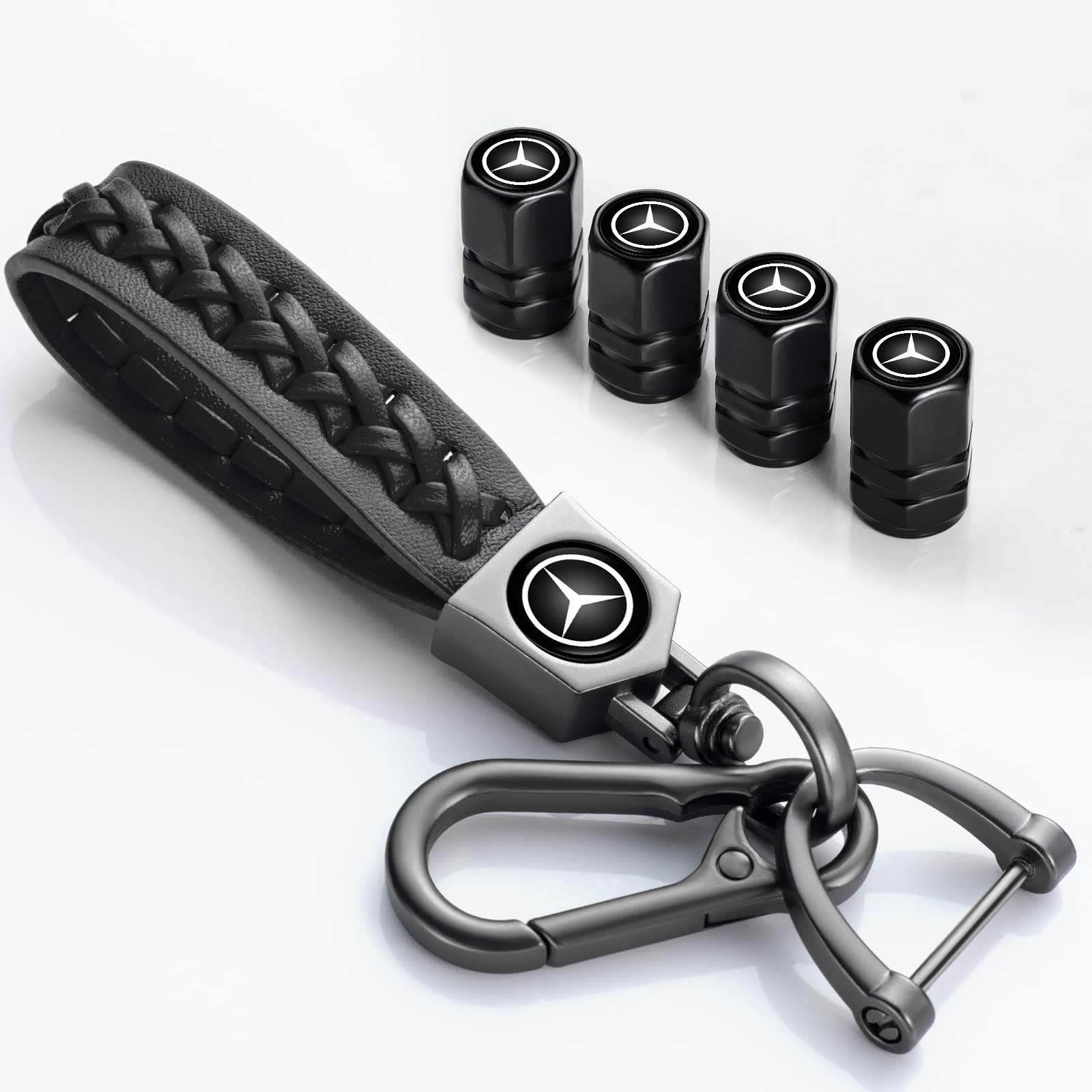 Genuine Leather Keychain & Metal Valve Stem Caps for Mercedes - Car Accessories for A/C/E/S/GLK/GLA/GLC Models