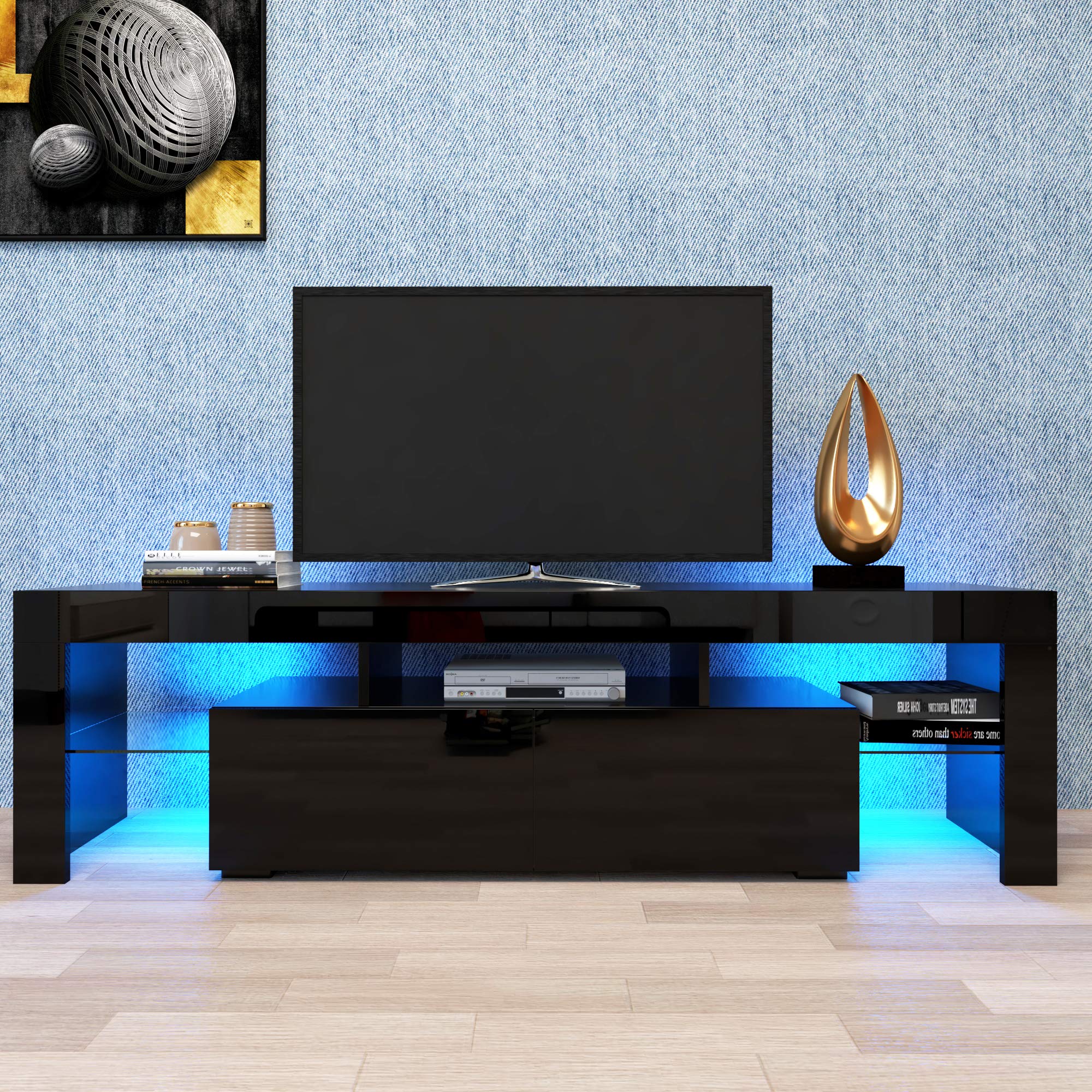 Goujxcy TV Stand Entertainment Center with 20 LED Color Changing Lights - Modern Living Room TV Console Table & Storage Cabinet for 65 Inch TVs (Black) - Perfect for Home Theater Setup & Living Room Organization