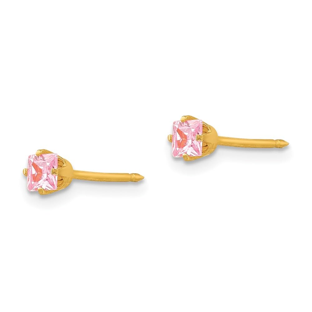 14K Yellow Gold 3mm Square Pink Cubic Zirconia Stud Earrings for Women - Elegant Fine Jewelry Gift for Her - Perfect for Weddings, Parties & Special Occasions
