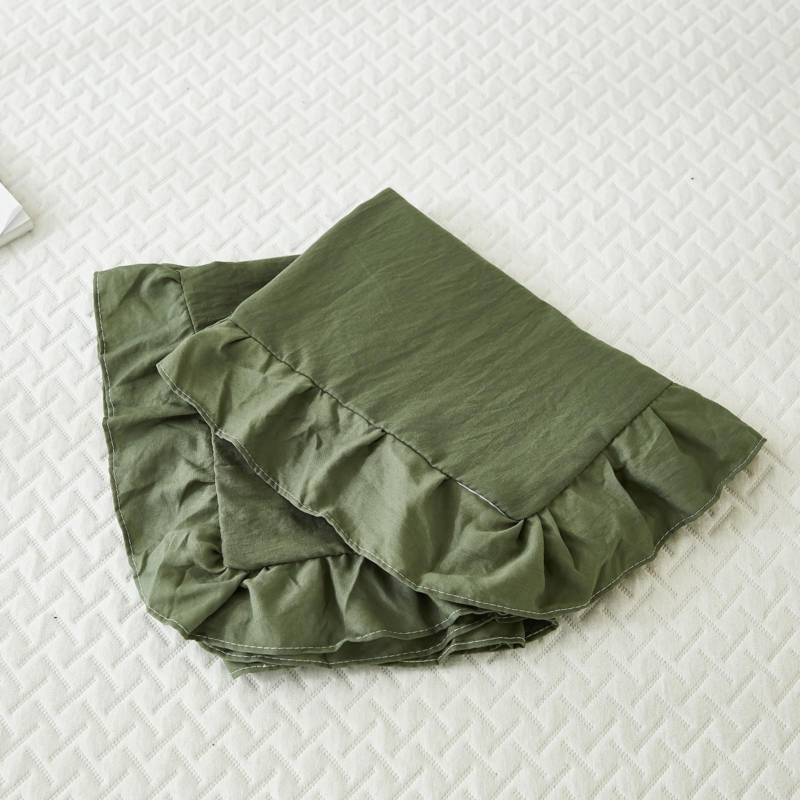 Olive Green Ruffled Pillow Shams Set of 2 - King Size 20x36 Inches - Shabby Chic Decorative Pillowcases with Fringe Design for Bedroom, Living Room, Sofa & Home Decor