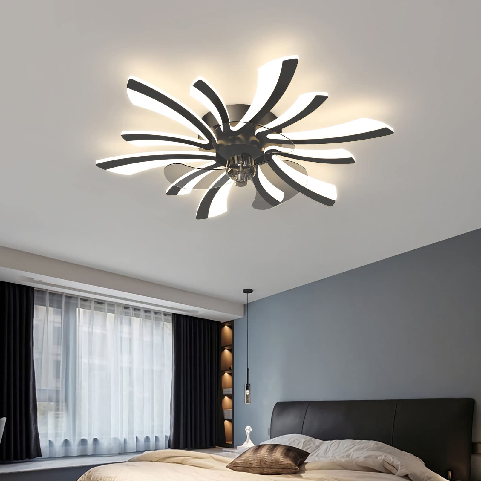 **6-Light LED Ceiling Fan with Remote Control & Dimmable Light - Quiet Bedroom Fan Lamp for Dining Room, Living Room & Bedroom - Modern Black Design (B Fan Light)**