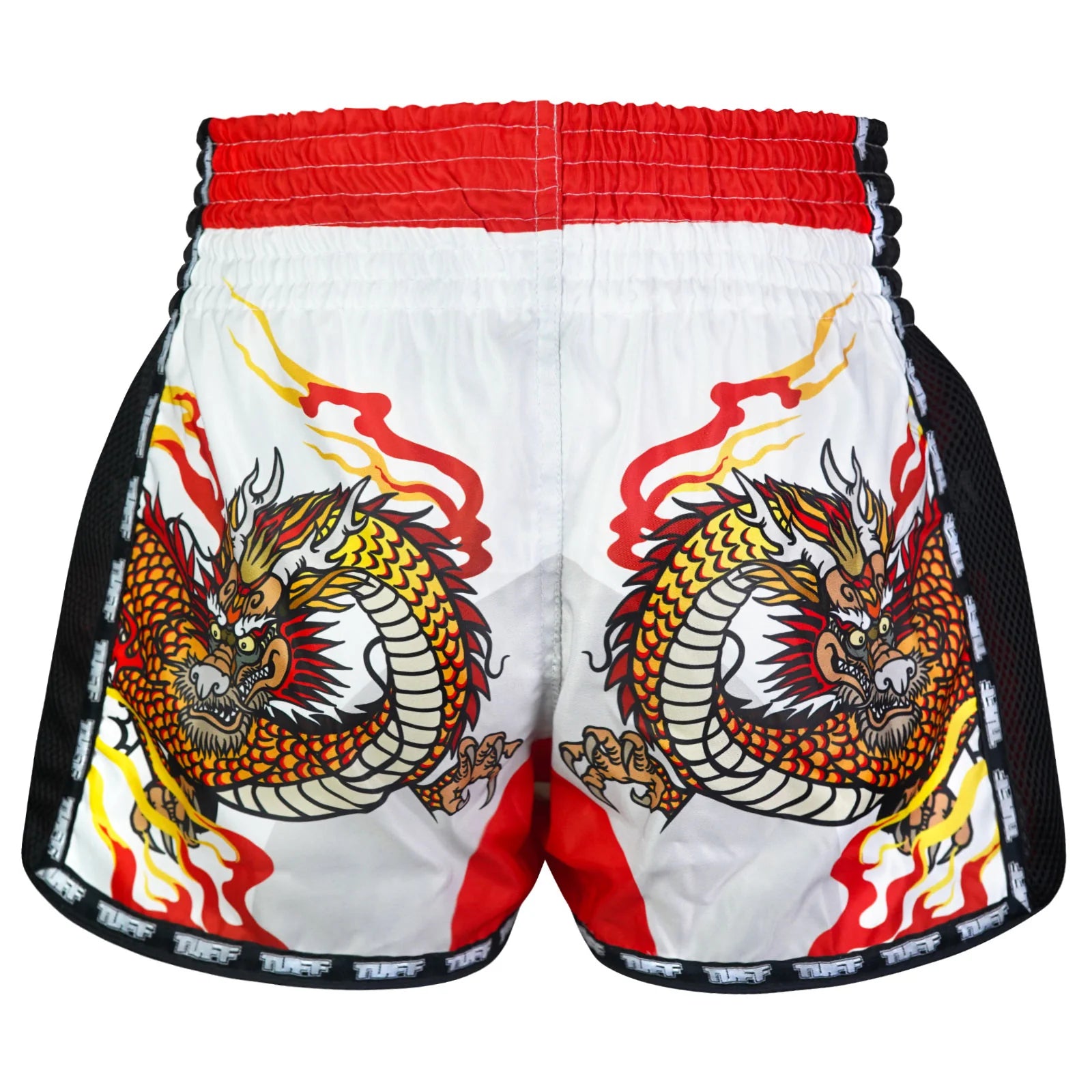 Premium TUFF MUAY THAI Boxing Shorts - Retro Chinese Dragon Design in White/Black/Red | Perfect for MMA Training, Kickboxing & Muay Thai Fighting