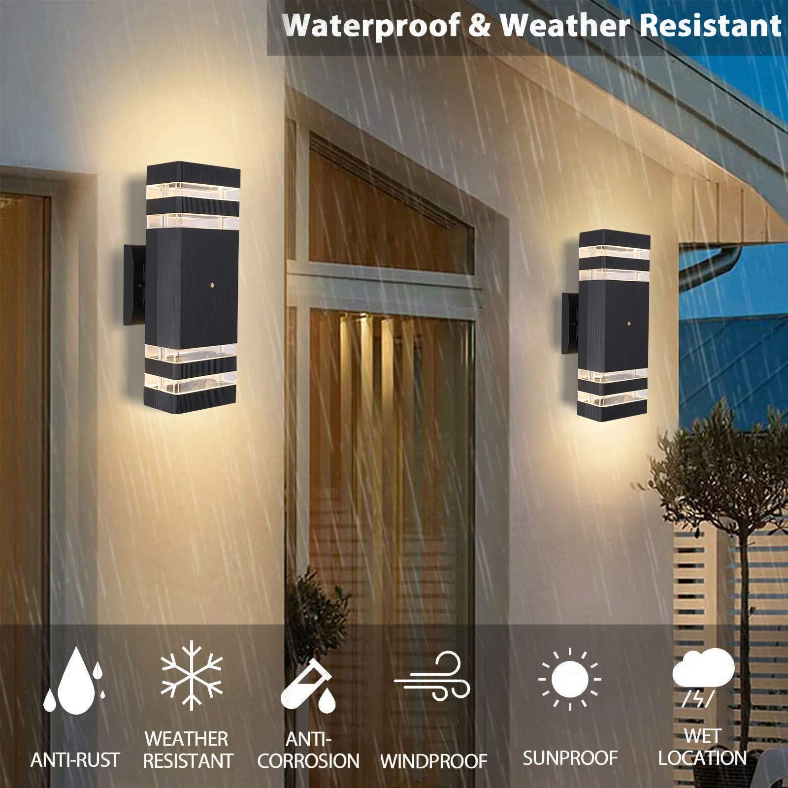 RETRELMP 2 Pack Dusk to Dawn Outdoor Wall Lights - Black LED Exterior Lighting Fixtures, Square Porch Up Down Wall Sconce for Front Door, Hallway, Patio, Garage - Weatherproof & Energy Saving for Home Security & Curb Appeal