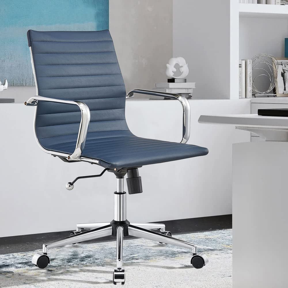 Ergonomic Leather Office Chair - Modern Swivel Executive Desk Chair with Ribbed Back Support for Home & Conference Room - Navy Blue (Perfect for Long Work Hours & Video Meetings)