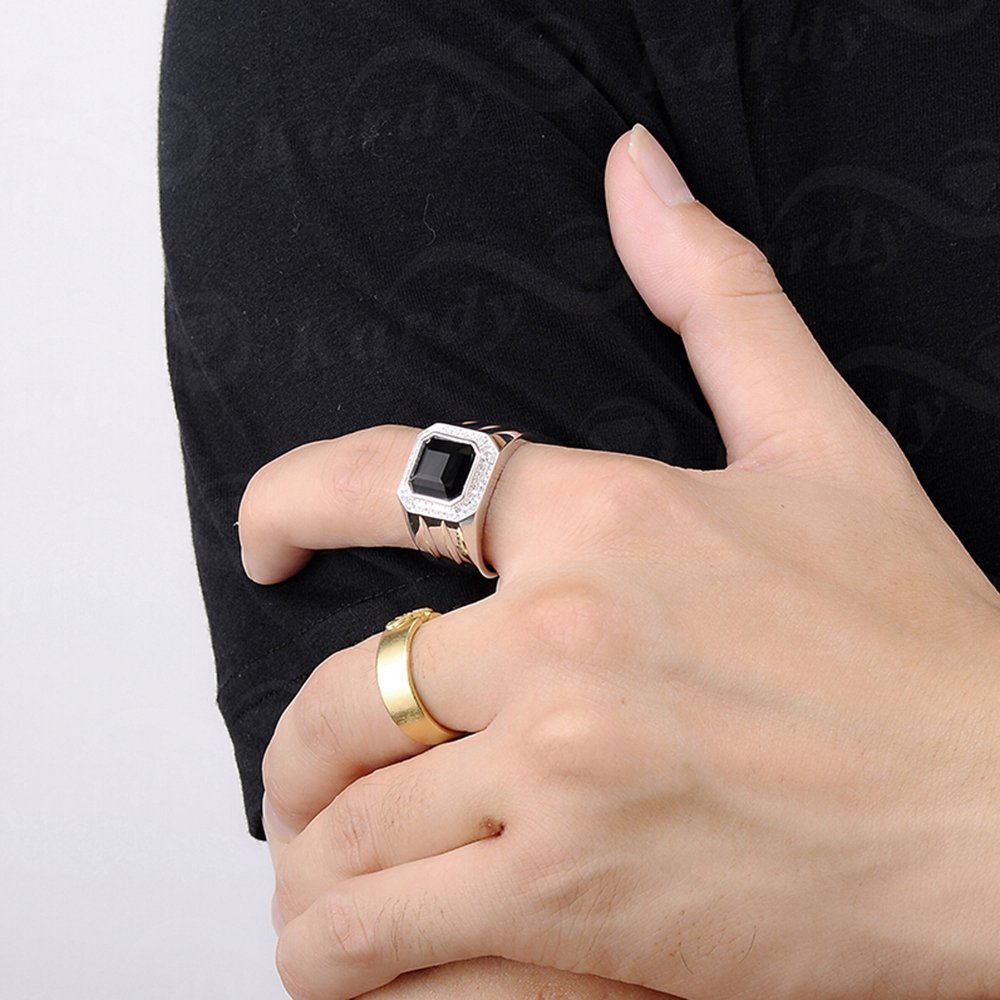 Men's Natural Black Agate & Cubic Zirconia 925 Silver White Gold Plated Engagement Ring Set - Promise Band for Wedding, Anniversary & Special Occasions