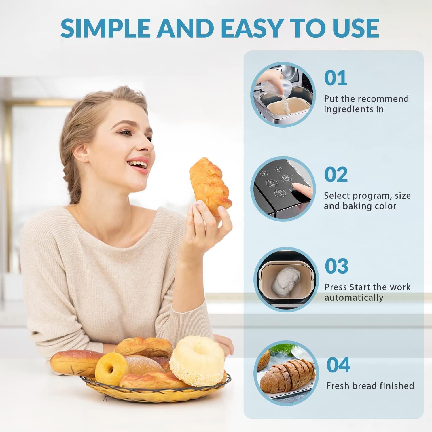 17-in-1 Stainless Steel Bread Maker Machine - 2LB Capacity, BPA-Free Non-Stick 5-Layer Ceramic Pan, Automatic Nut Dispenser, Dual Kneading Paddles, 15-Hour Timer & Keep Warm Function - Perfect for Homemade Bread, Artisan Loaves, and Gluten-Free Baking (Includes Recipe Book)