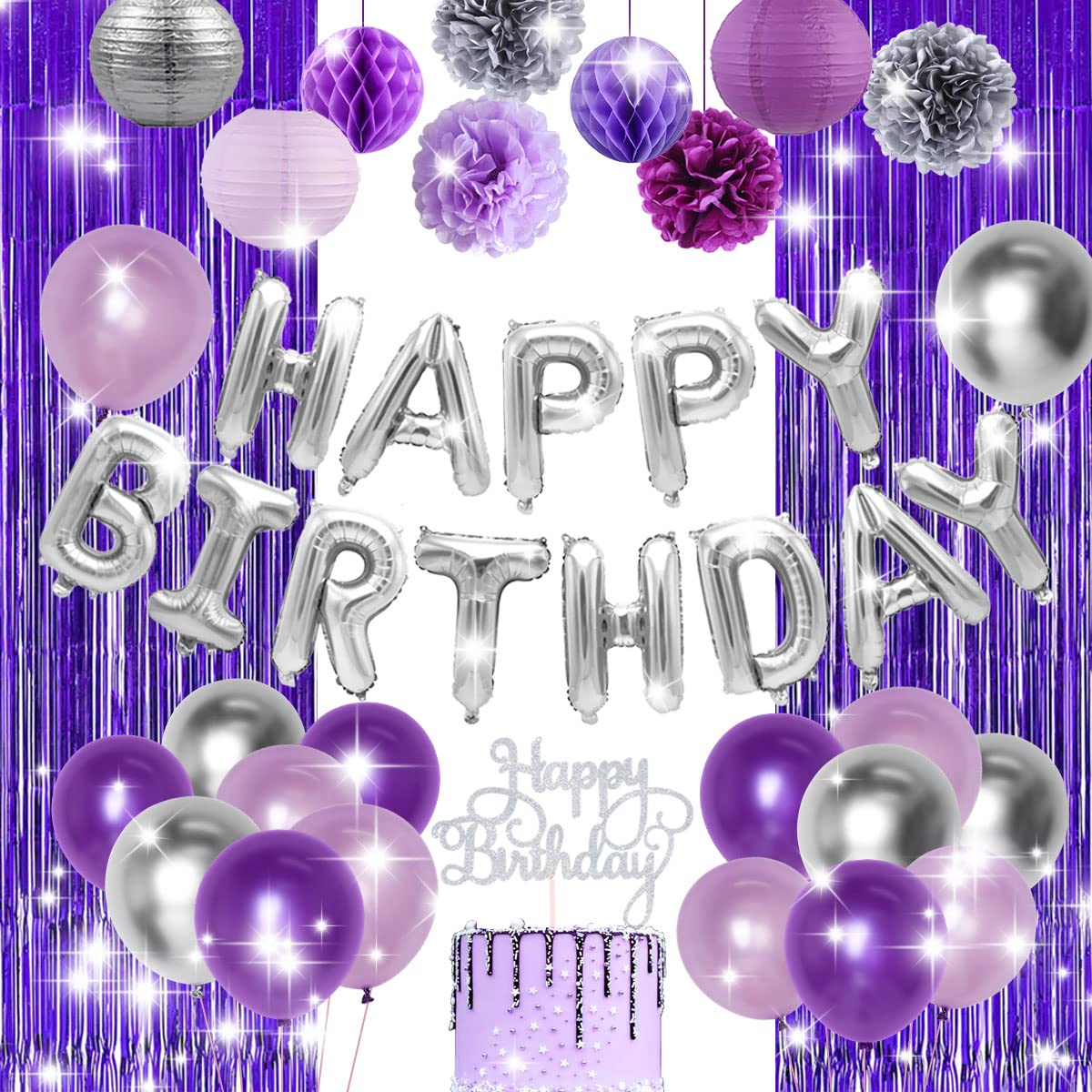 Purple & Silver Birthday Party Decorations Set - Happy Birthday Balloons, Banner, Cake Topper & Fringe Curtain - 21st/30th/40th Birthday Party Supplies for Women & Girls - Perfect for Milestone Birthdays, Photo Backdrops & Celebration Decor