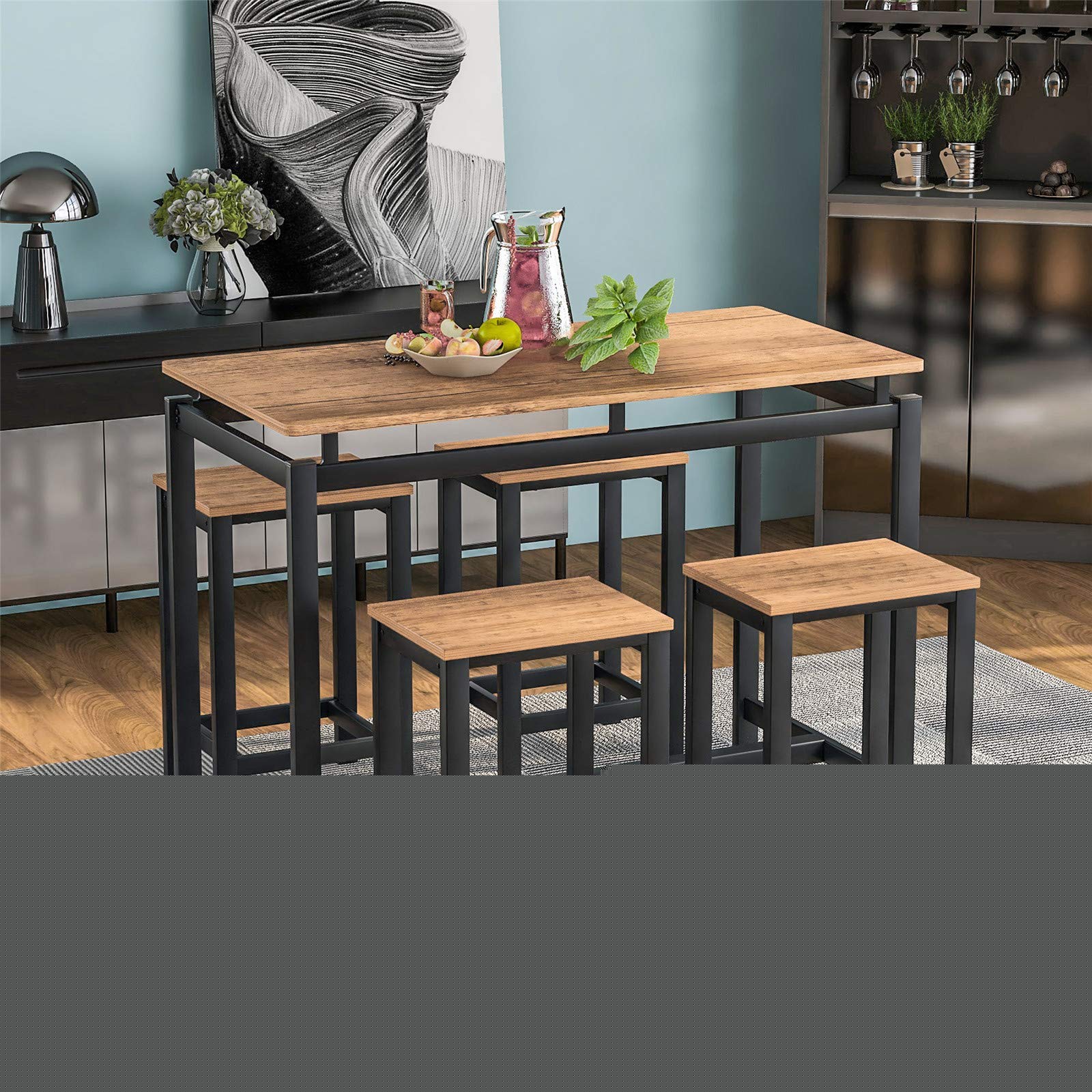 SSLine 5-Piece Modern Breakfast Bar Set - Contemporary High Table with 4 Stools, Kitchen Dining Set for Small Spaces, Brown - Perfect for Apartments, Breakfast Nooks & Compact Kitchens