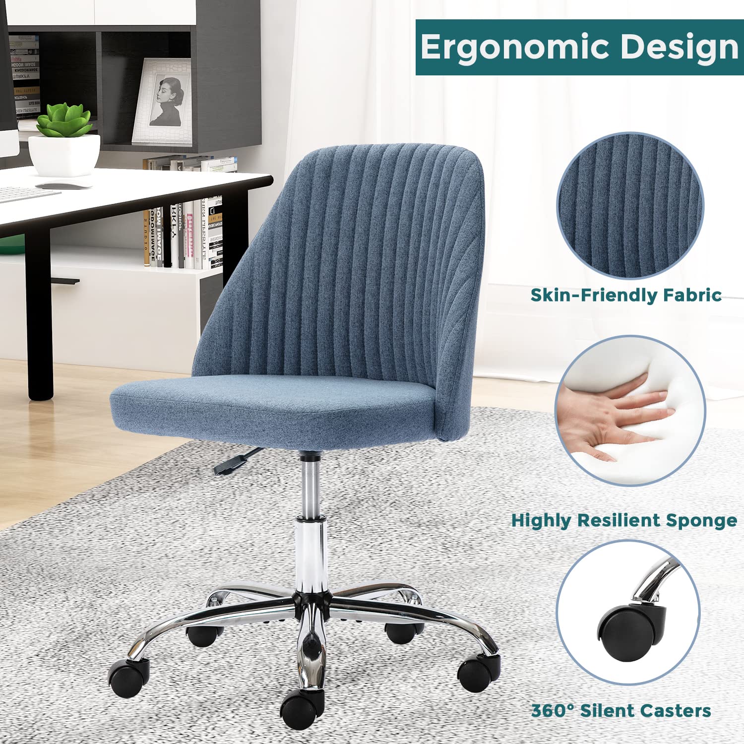 Ergonomic Rolling Desk Chair - Adjustable Armless Office Chair with Wheels for Home Office, Bedroom, Makeup Vanity & Living Room | Comfortable Computer Task Chair for Work, Study & Relaxation