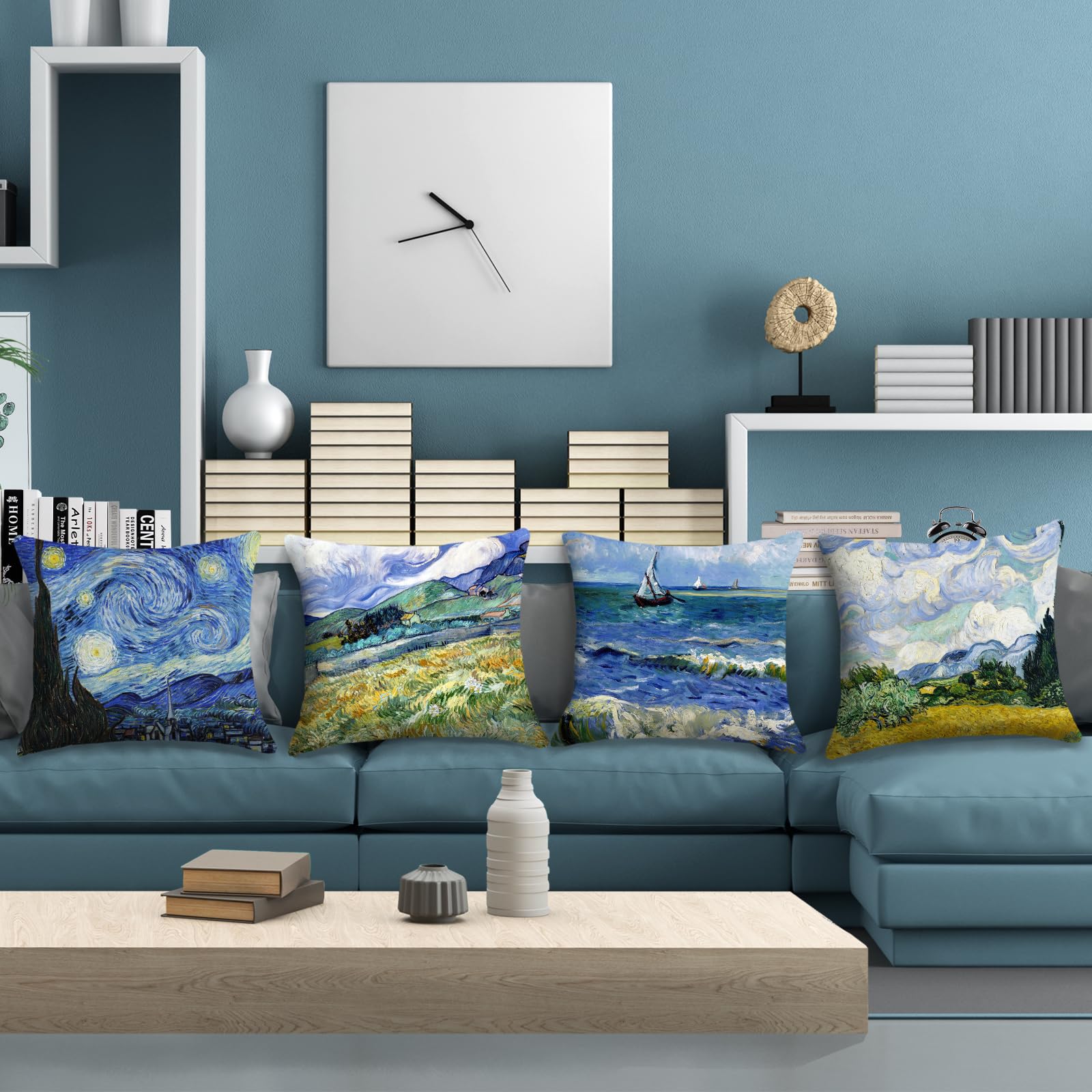 Van Gogh Starry Night Pillow Covers Set of 4 - 16x16 Inch Square Decorative Cushion Covers for Sofa, Couch & Bed - Inspired by Sea Starry Night Art Design (40x40 cm) - Perfect for Living Room, Bedroom & Home Decor