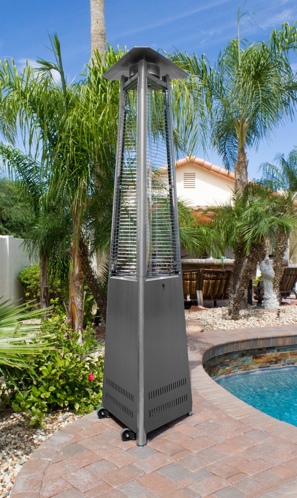 Commercial Glass Tube Propane Patio Heater with Wheels - Stainless Steel Outdoor Heater for Restaurants, Backyard, Deck & Garden Parties