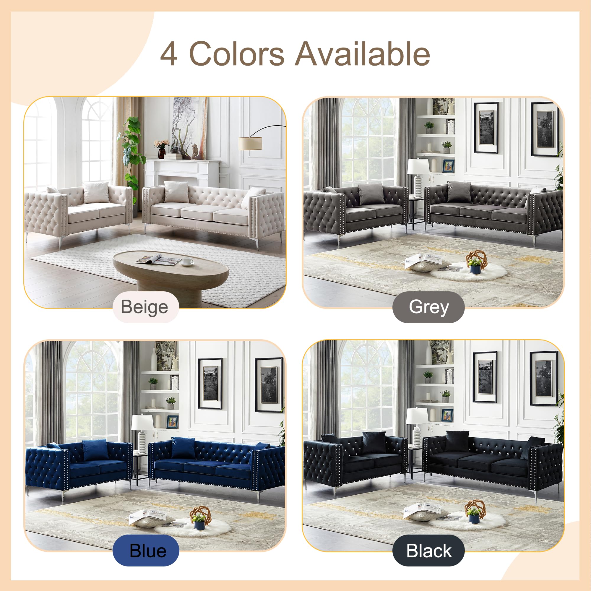 Harper & Bright Designs 2-Piece Blue Velvet Sofa Set with Jewel Buttons - 3-Seater Couch & Loveseat, Square Arm Modern Living Room Furniture with 4 Throw Pillows for Home, Office & Lounge Areas
