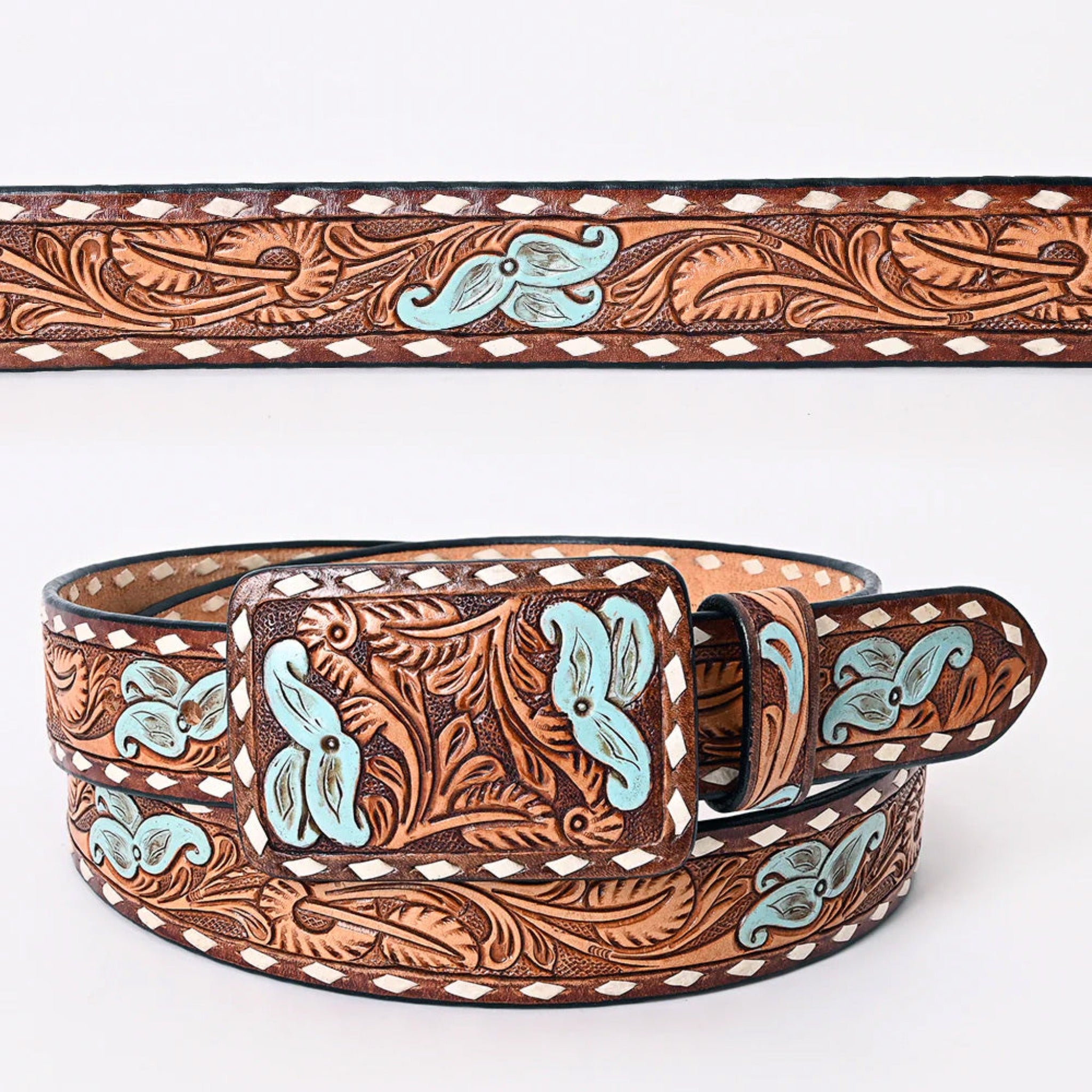 American Darling Women's Tooled Blue Floral Leather Belt - Western Style Fashion Accessory for Jeans, Dresses & Boho Outfits