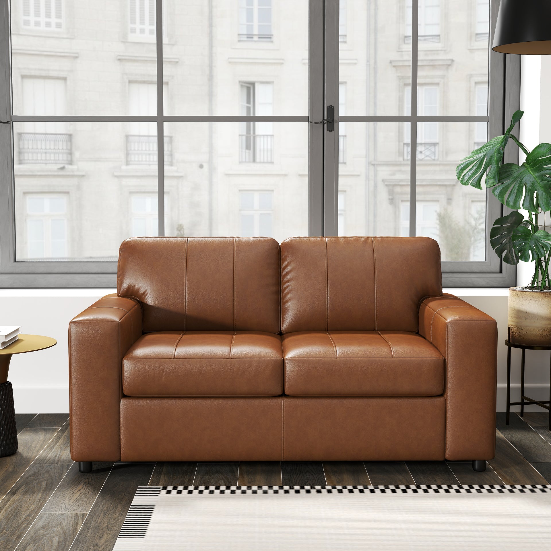 Roundhill Furniture Sakan Genuine Leather Upholstered Loveseat Sofa - Modern Two-Seater for Living Room, Lounge & Office