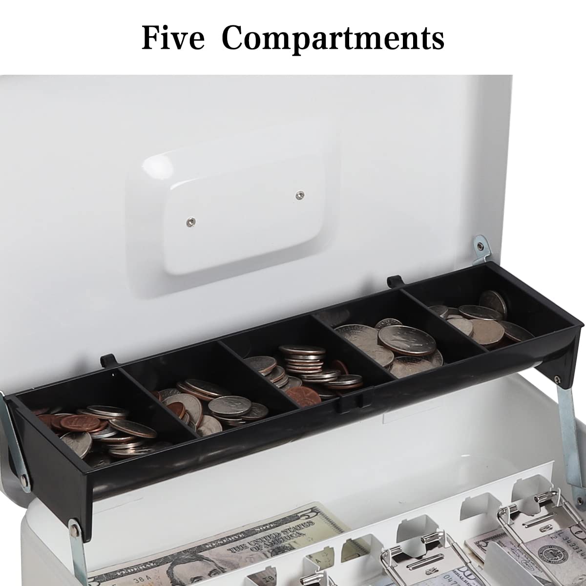 Heavy Duty Metal Cash Box with Key Lock - Large Money Storage Box with 5 Compartments & 4 Bill Clips (11.8