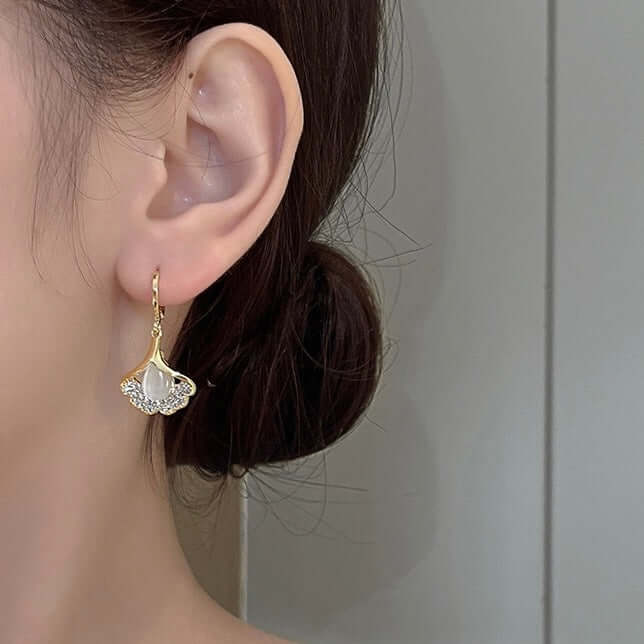 14K Gold Plated Ginkgo Leaf Huggie Earrings with Dangle Pearl Drop | Elegant Pearl Earrings for Women | Perfect for Weddings, Parties & Everyday Wear | A8078