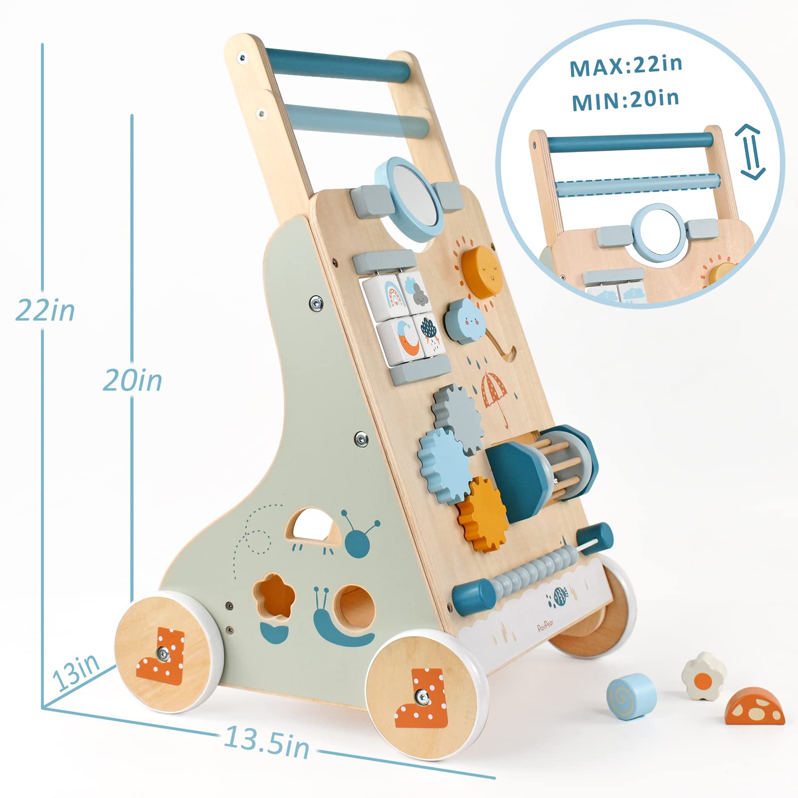 PairPear Wooden Baby Walker - Adjustable Speed Push Walker Toy with Montessori Activity Center for Toddlers | Early Learning & Walking Aid for Boys & Girls | Perfect for Home Play & Child Development