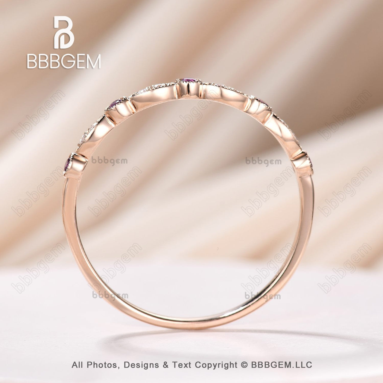 Milgrain Marquise & Dot Amethyst Moissanite Wedding Ring - 14K Rose Gold Half Eternity Band for February Anniversary, Engagement & Bridal Jewelry - Perfect for Valentine's Day Gifts, Proposals & Special Occasions