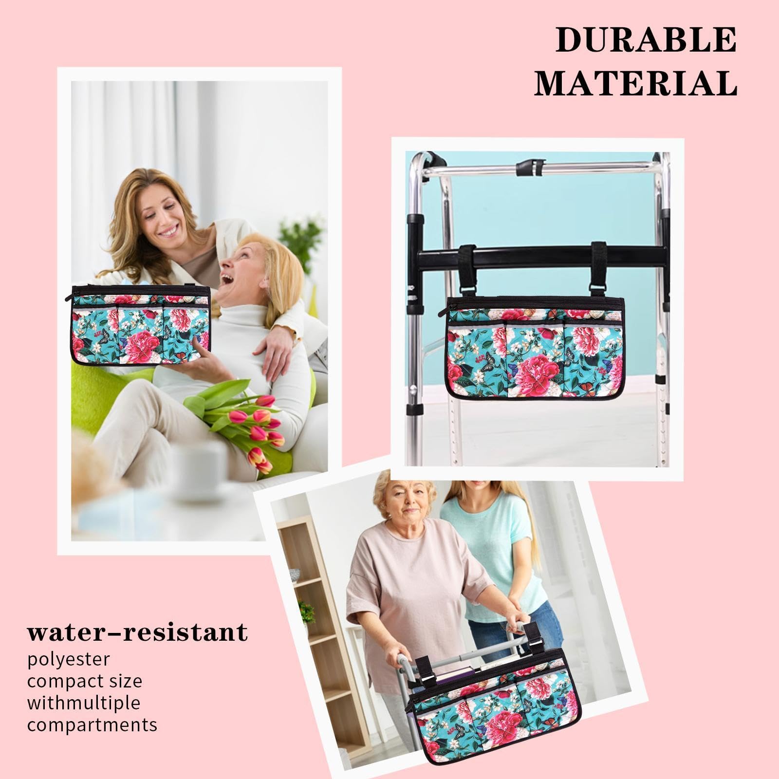 Printed Wheelchair Side Bags with Pockets - Durable Walker Accessories for Seniors | Hanging Pouches for Armrests & Mobility Aids | Perfect for Daily Essentials, Medication & Personal Items Storage