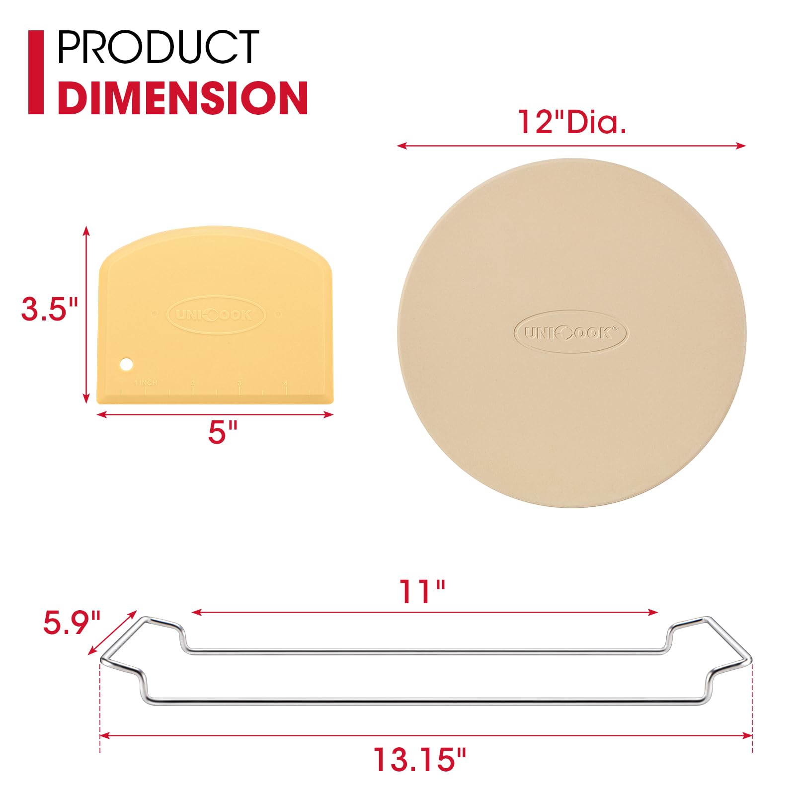 Unicook 12 Inch Round Pizza Stone for Oven & Grill - Premium Cordierite Baking Stone for Crispy Pizza, Bread & Cookies - Includes Carry Rack & Dough Scraper - Perfect for Home Baking, Outdoor Grilling & Restaurant Use
