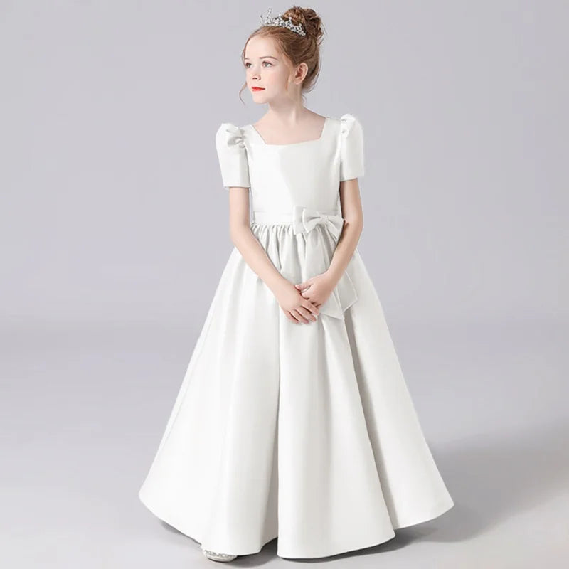 Elegant Lace-Up Flower Girl Dress for Pageants - Soft Satin Girls Gown for Weddings, Baptisms & Special Occasions