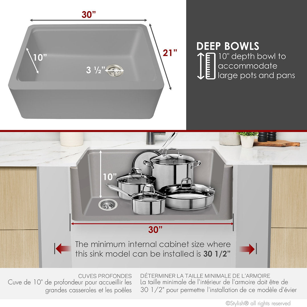 Stylish 30-inch BRONTE S 830WL Farmhouse Apron Front Grey Composite Granite Single Bowl Kitchen Sink - Perfect for Modern Farmhouse & Rustic Kitchen Renovations