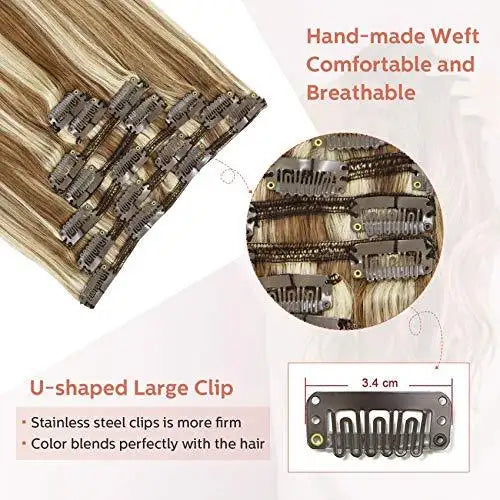 Premium 9A Brazilian Clip-In Human Hair Extensions - 7pcs Double Weft for Instant Volume & Length | Perfect for Weddings, Parties & Everyday Styling