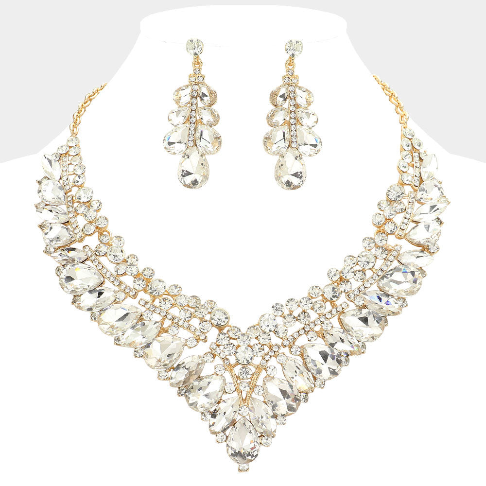 Elegant Gold Crystal Statement Necklace Set - Clear Teardrop Marquise & Round Stone Evening Jewelry for Women | Perfect for Parties, Weddings & Special Occasions