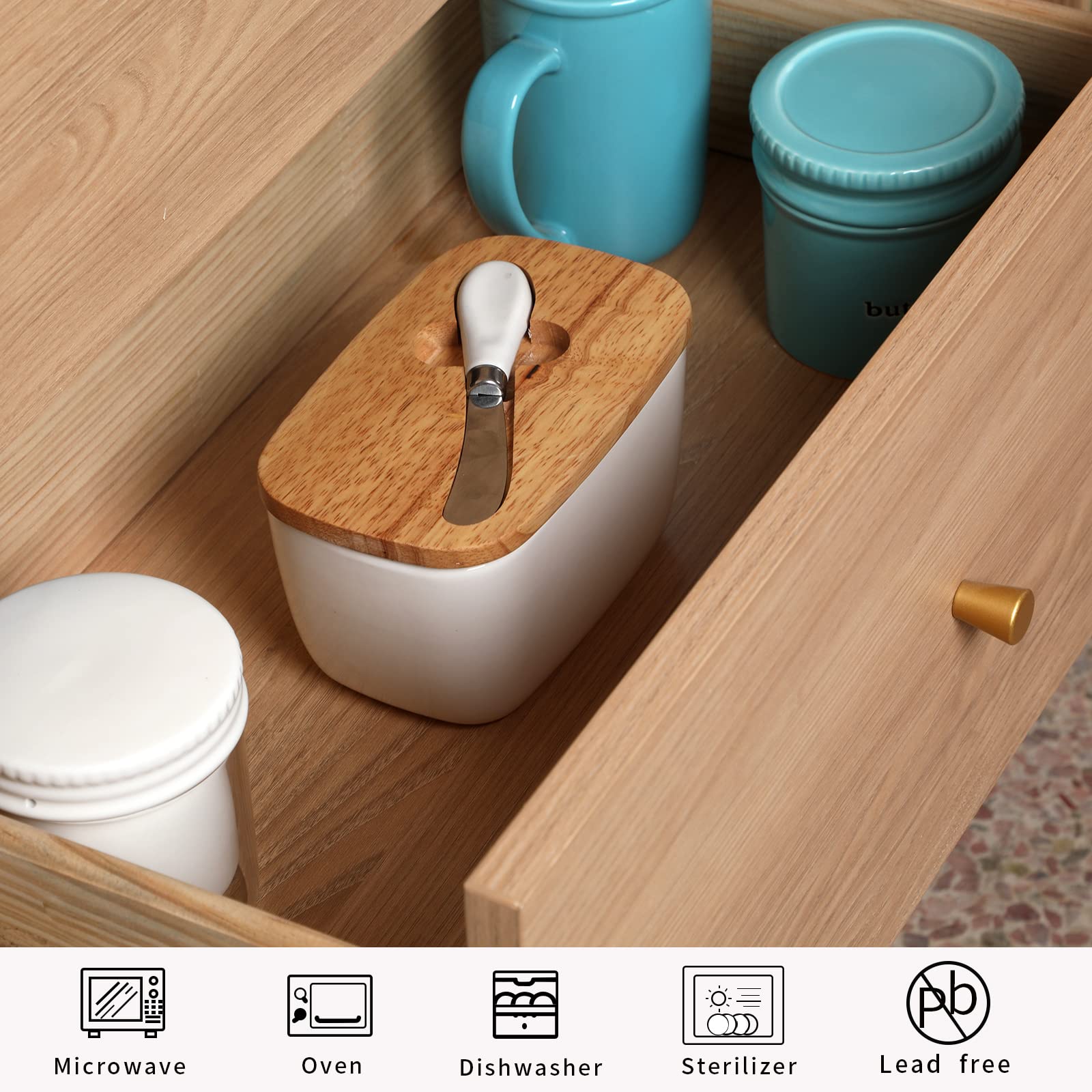 Premium Large Ceramic Butter Dish with Silicone Seal - Natural Wood Lid & Stainless Steel Butter Knife Included | Countertop Butter Keeper for Fresh Storage | Ideal for Kitchen Decor, Housewarming & Wedding Gifts (White, Extra Capacity)