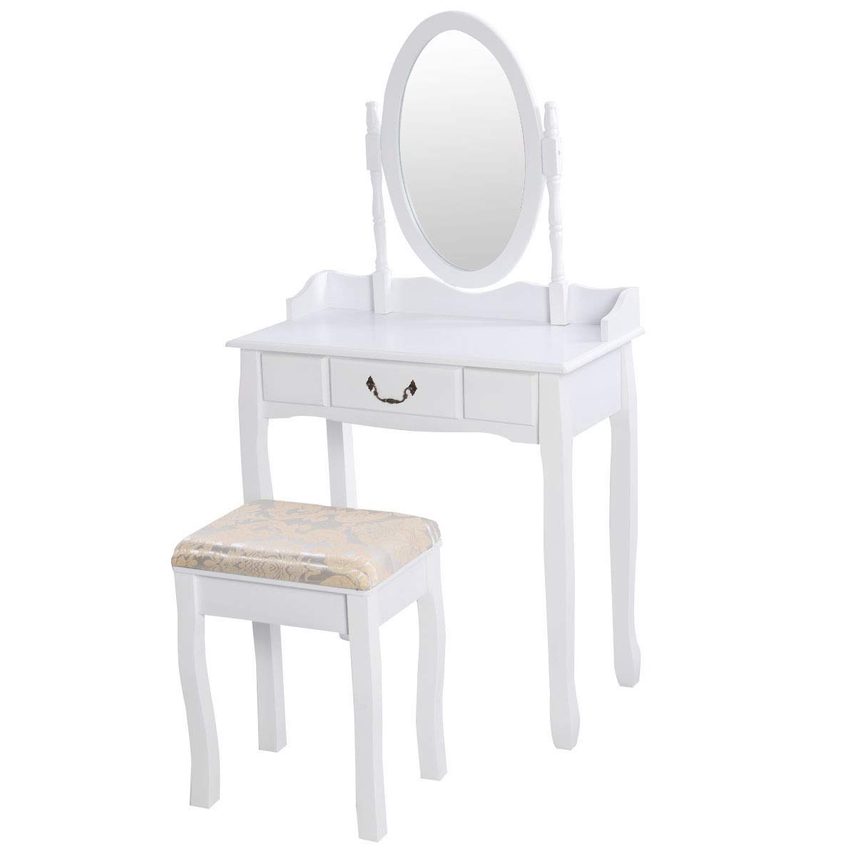360° Rotating Vanity Set with Mirror & Cushioned Stool - White Wooden Makeup Dressing Table with Drawers for Bedroom | Perfect for Makeup, Skincare & Hair Styling