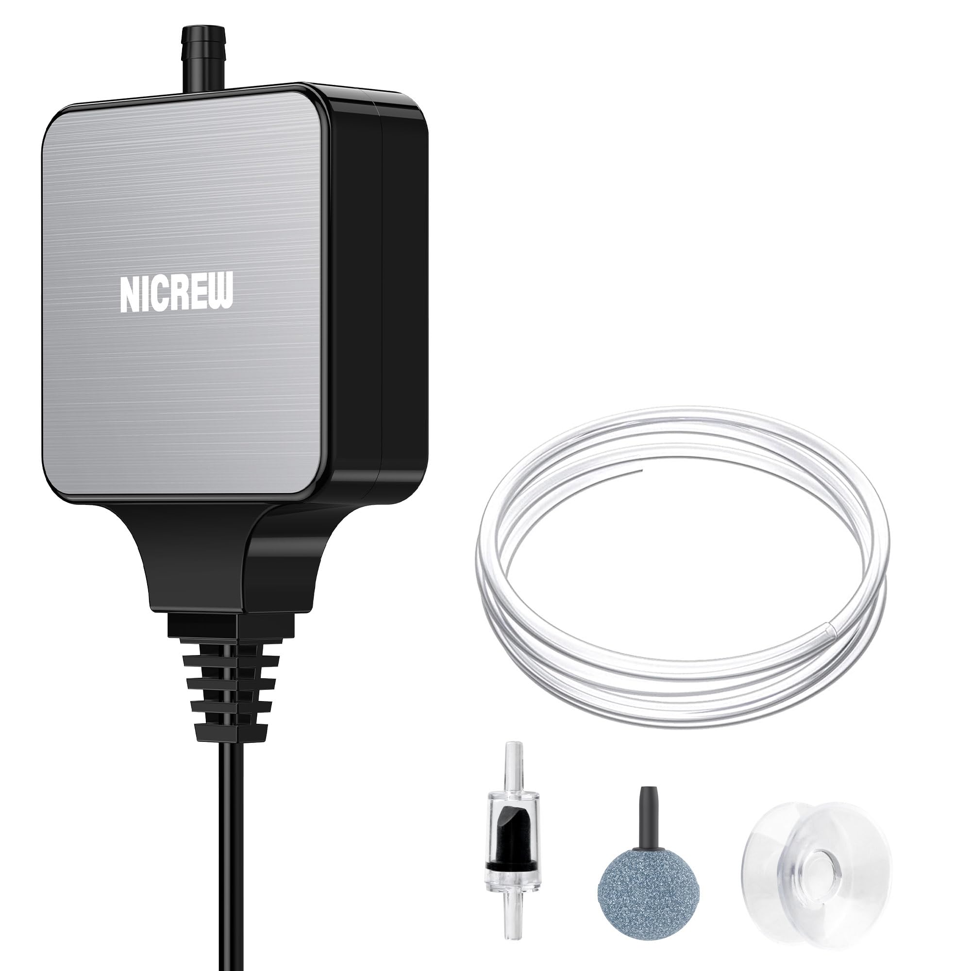 NICREW Nano Silent Aquarium Air Pump for 1-10 Gallon Fish Tanks - Ultra Quiet 0.3L/min Oxygen Aerator with Accessories (1.5W, Black) - Perfect for Small Home Aquariums, Betta Fish Bowls & Desktop Fish Tanks