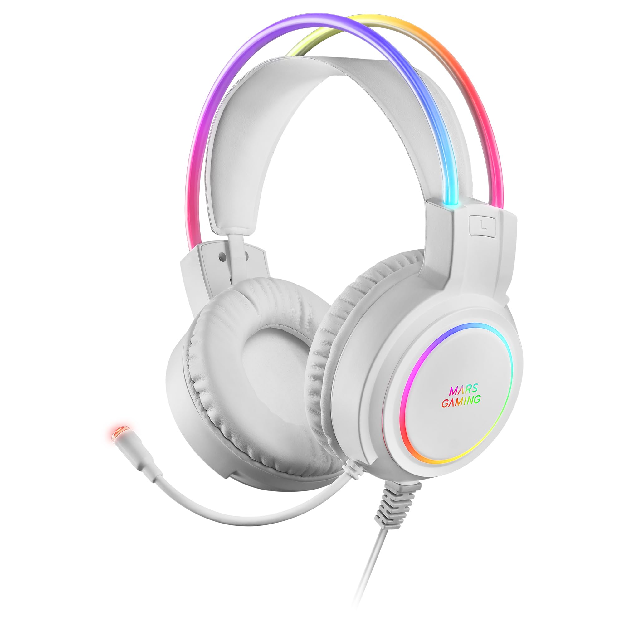 Mars Gaming MHRGBW RGB Flow Gaming Headset with Professional Microphone, Spatial Sound, White - Perfect for PC, PS5, Xbox & Streaming