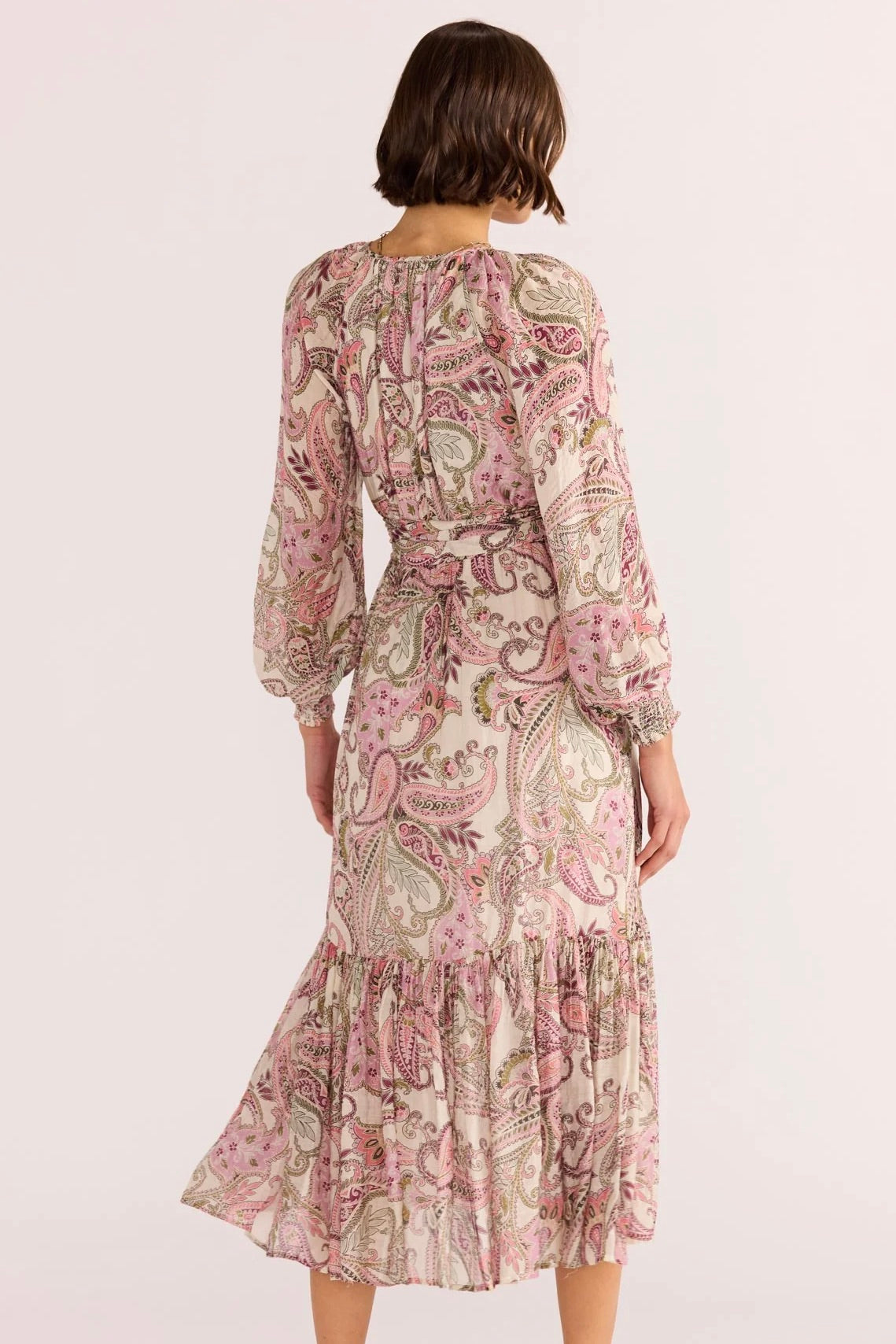 Cadence Pink Paisley Blouson Long Sleeve Midi Dress for Women | Floral Print Casual Party Wear | Perfect for Office, Wedding & Date Night Outfits