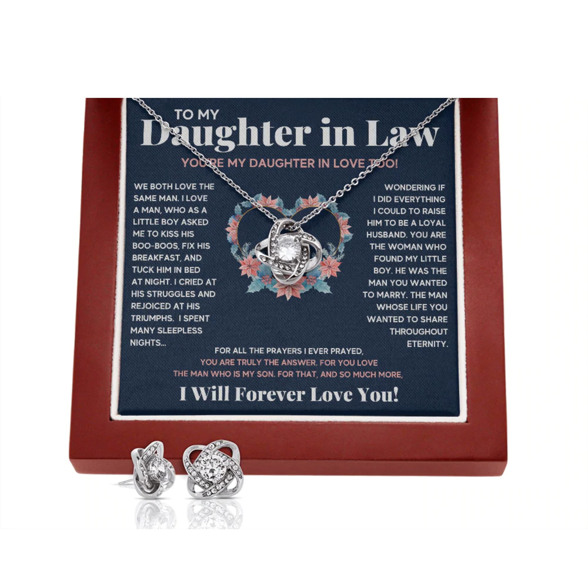 Beautiful 14k White Gold Heart Necklace for Daughter-in-Law - Thoughtful Mother-in-Law Gift with Message Card & LED Gift Box - Perfect Birthday, Wedding, or Anniversary Jewelry Present - Includes Matching Earrings for Special Occasions