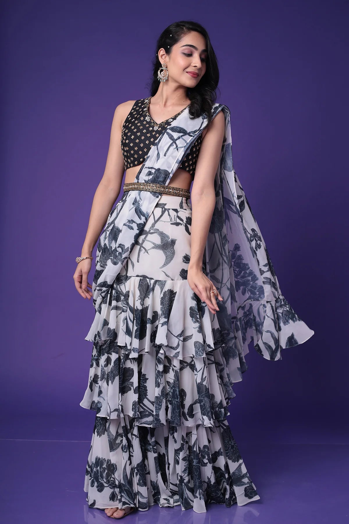 Elegant Cream & Black Printed Pre Draped Saree Set (D42) - Perfect for Weddings, Parties & Festive Occasions