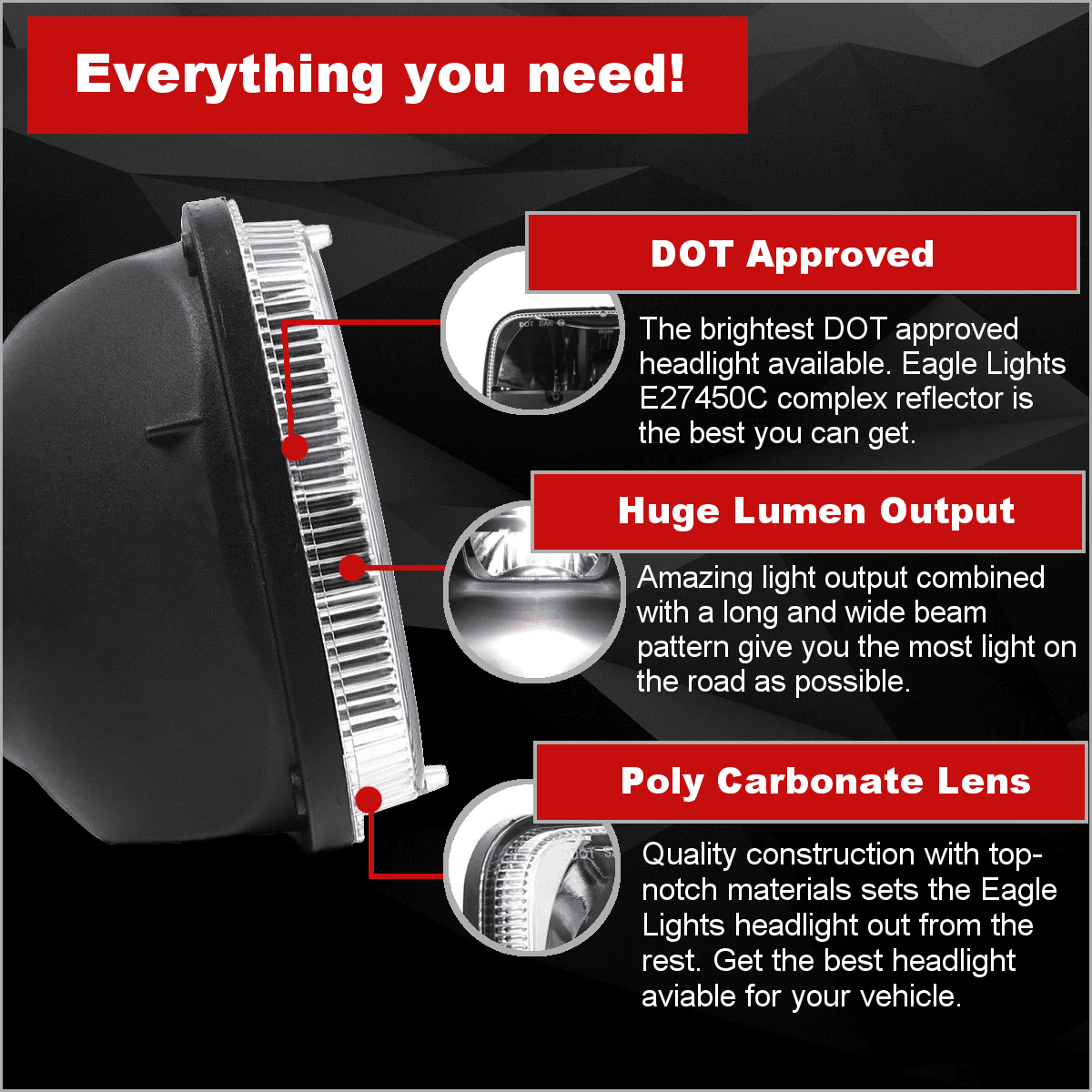 Eagle Lights 5x7 LED Headlight with Complex Reflector & Negative Harness - Compatible with Toyota Models | High-Performance Replacement for Off-Road, Night Driving & Adventure Vehicles