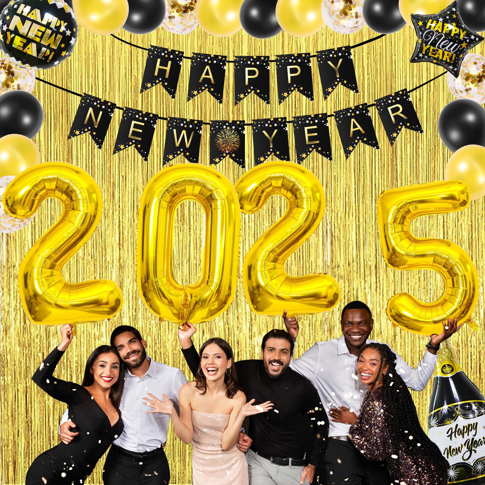2025 New Year's Eve Party Decorations - Black & Gold NYE Party Supplies for Countdown & Celebration | Happy New Year 2025 Decor for Home, Office & Ballroom Parties