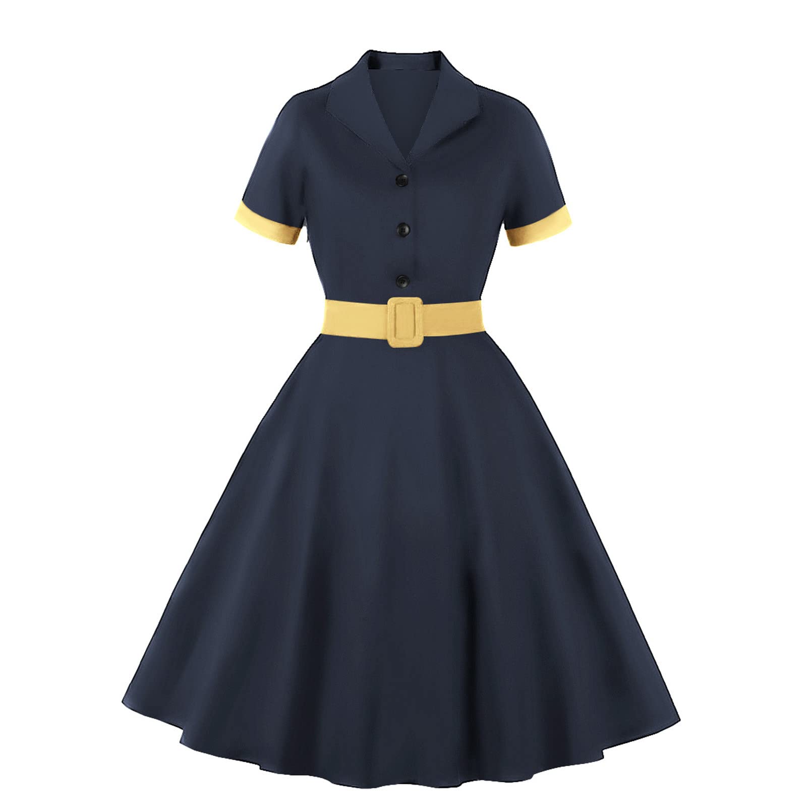 Women's 2022 Lapel Button Down Short Sleeve Plaid Swing Midi Dress - High Waist Belted Skirt Ball Gown for Casual, Office & Party Wear