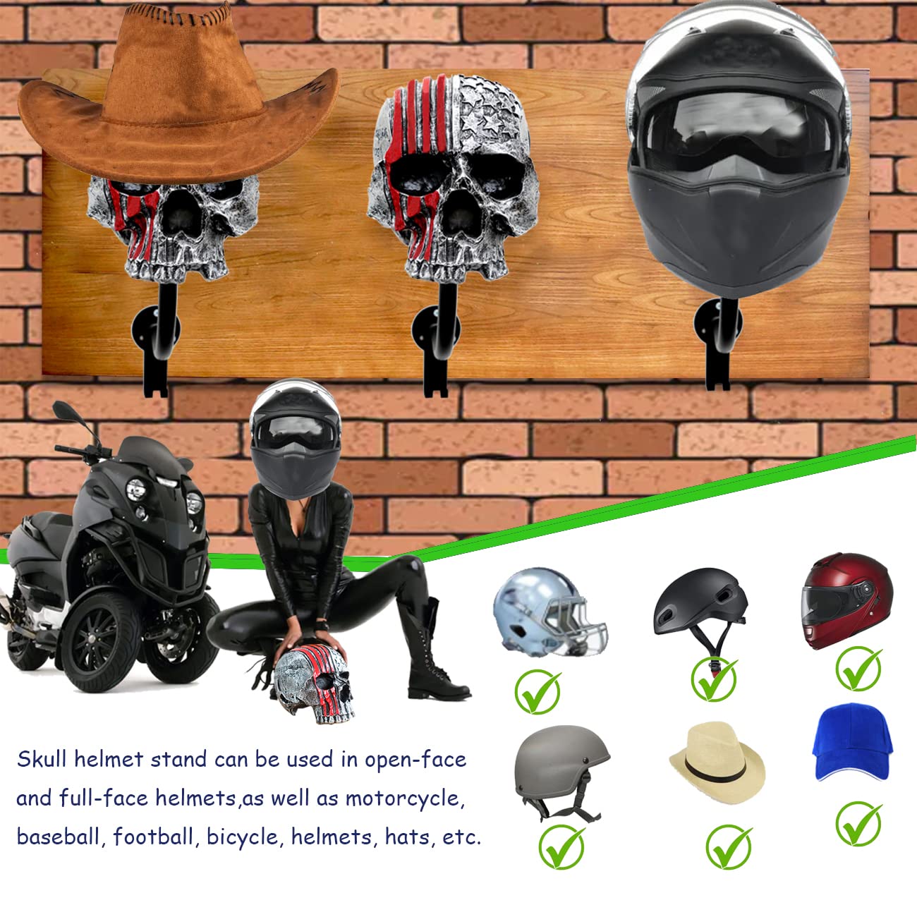 Red Skull Motorcycle Helmet Wall Mount Rack with 2 Hooks - Heavy Duty Helmet Holder for Motorcycle, Baseball, Rugby Helmets & Coat Hanger - Perfect for Garage, Bedroom or Entryway Organization
