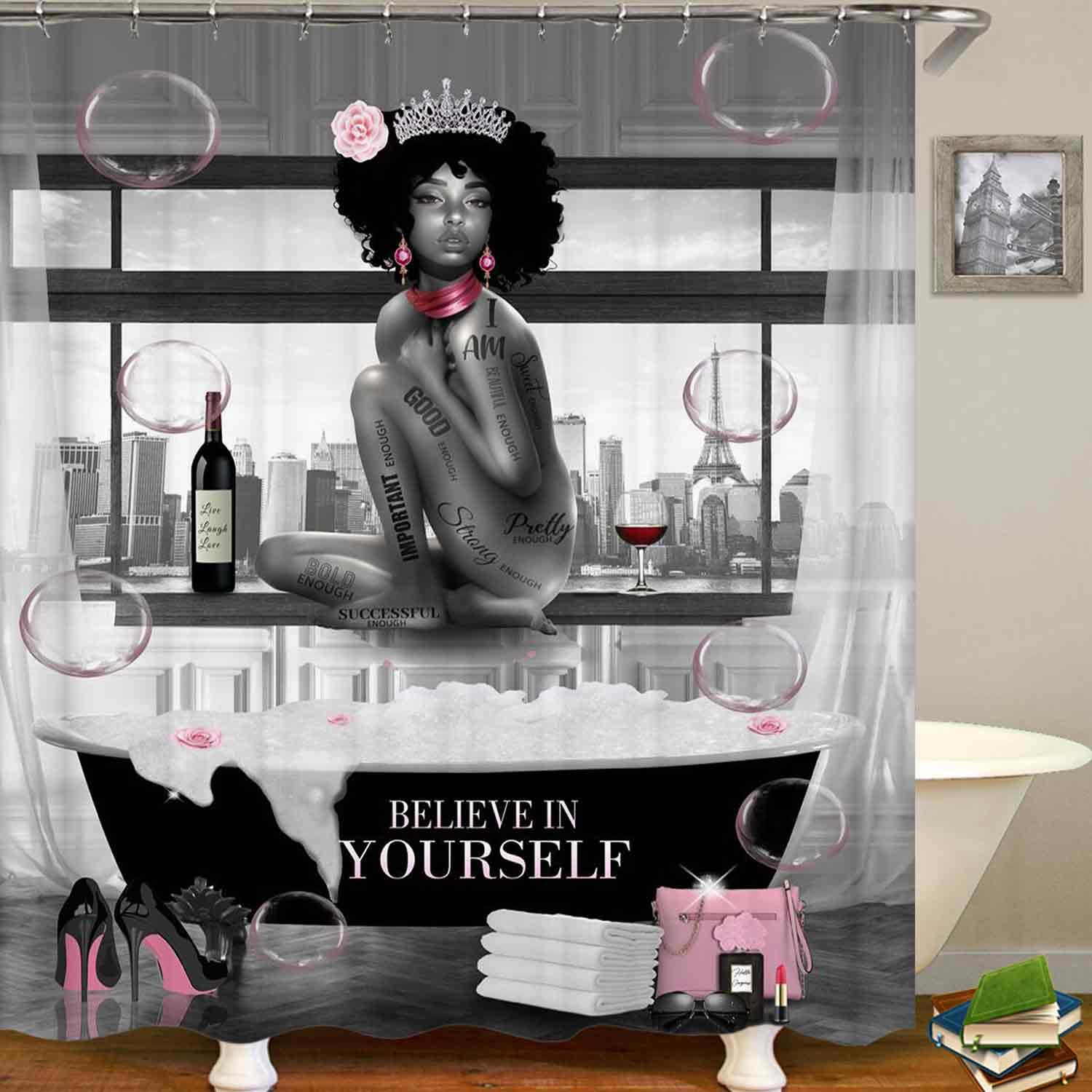 4PCS Black Woman Shower Curtain Set with Pink Floral High Heels & Wine Design - Afro Lady Bathroom Decor with Non-Slip Rugs - Inspirational Quotes for African American Women - Perfect for Romantic Bathroom Themes & Self-Care Moments