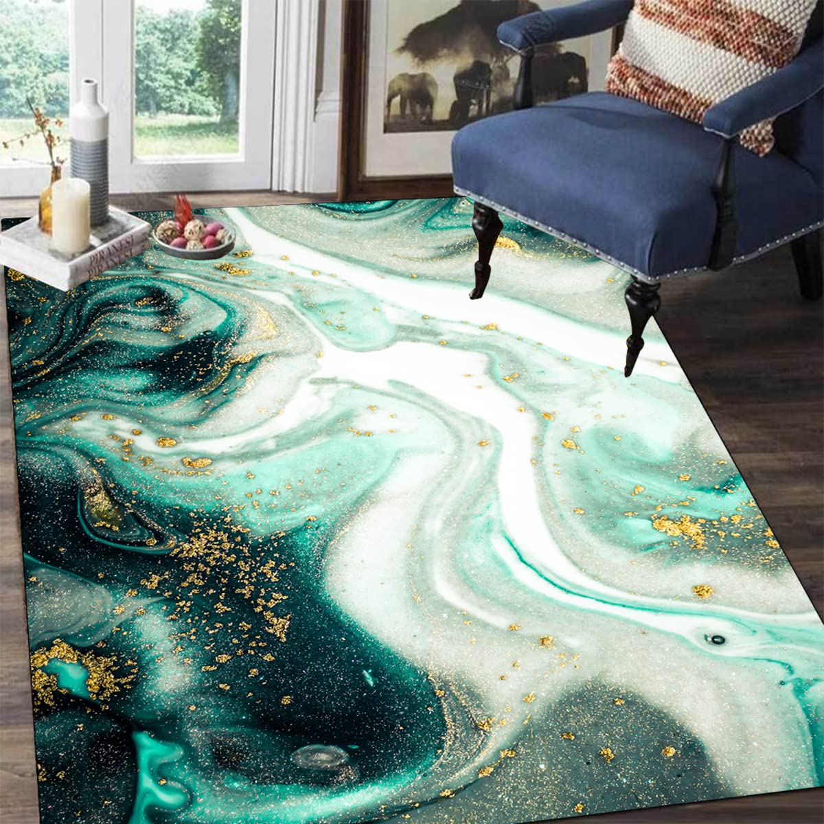 5x7 Green White Liquid Abstract Area Rug - Modern Aesthetic Washable Soft Carpet for Living Room, Bedroom, Dining Room & Home Office | Coastal Ocean Waves Design Floor Runner for Boho & Minimalist Decor