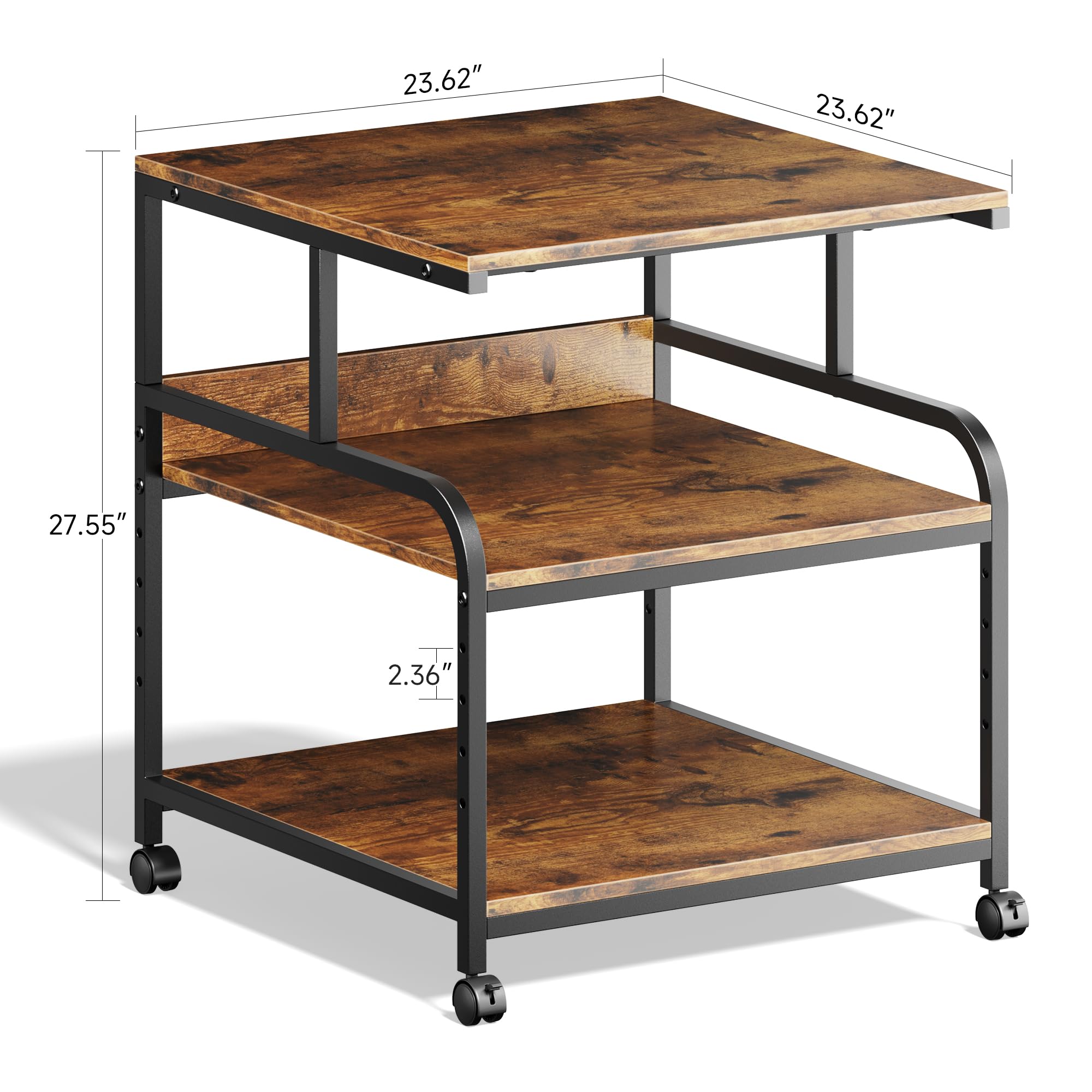 Warmiehomy 24x24 Inches Adjustable Rolling Printer Stand with 3-Tier Storage Shelf - Heavy Duty Mobile Printer Cart for 3D Printer, Laser Printer, Mini Fridge - Perfect for Home Office, Studio, or Workshop (Brown)