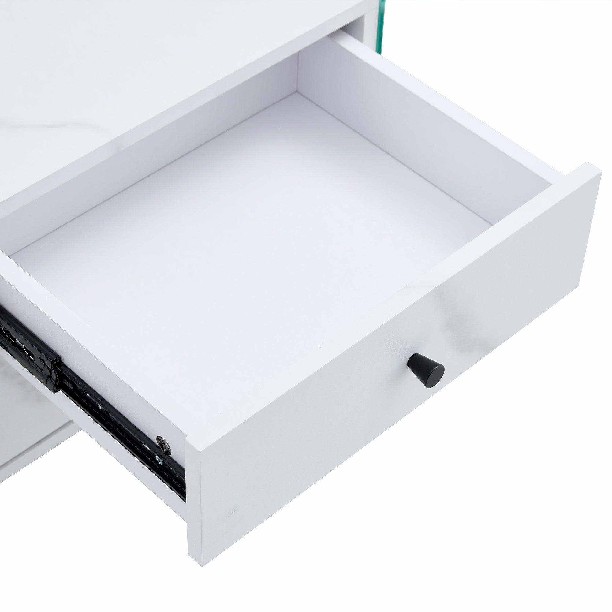 Modern Double Drawer Bedside Table with MDF Sticker Surface & Tempered Glass Sides - Simple Elegant Design, Excellent Storage for Bedroom, Living Room, or Office Use