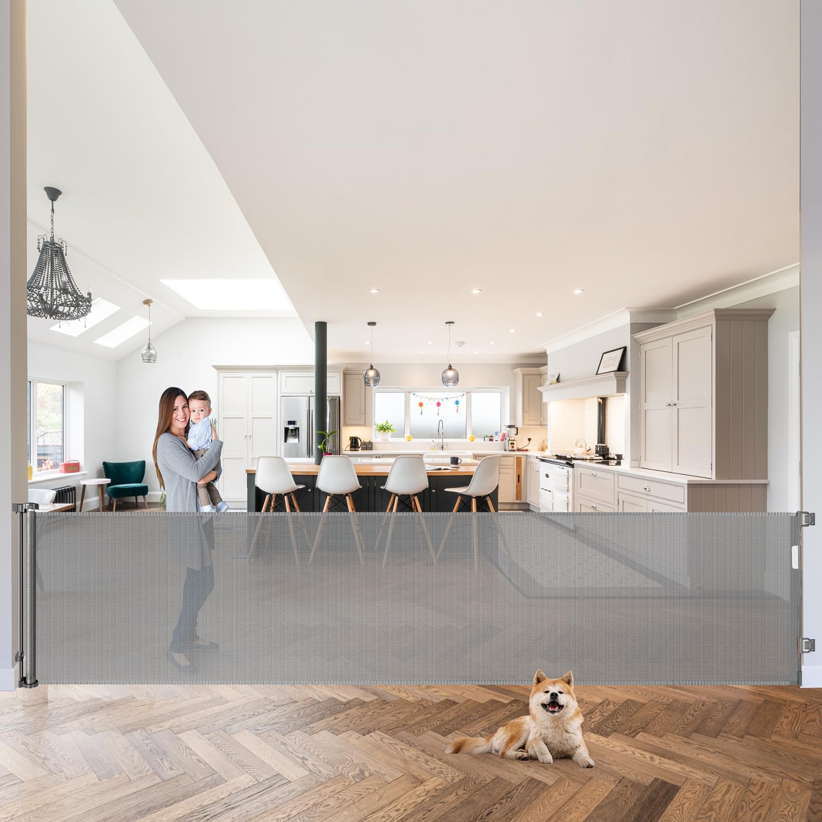 **120 Inch Extra Wide Retractable Baby & Dog Gate - Super Large Safety Gate for Wide Doorways, Indoor Use, Mesh Design for Toddlers & Pets (Grey) - Perfect for Stairs, Hallways & Open Spaces**