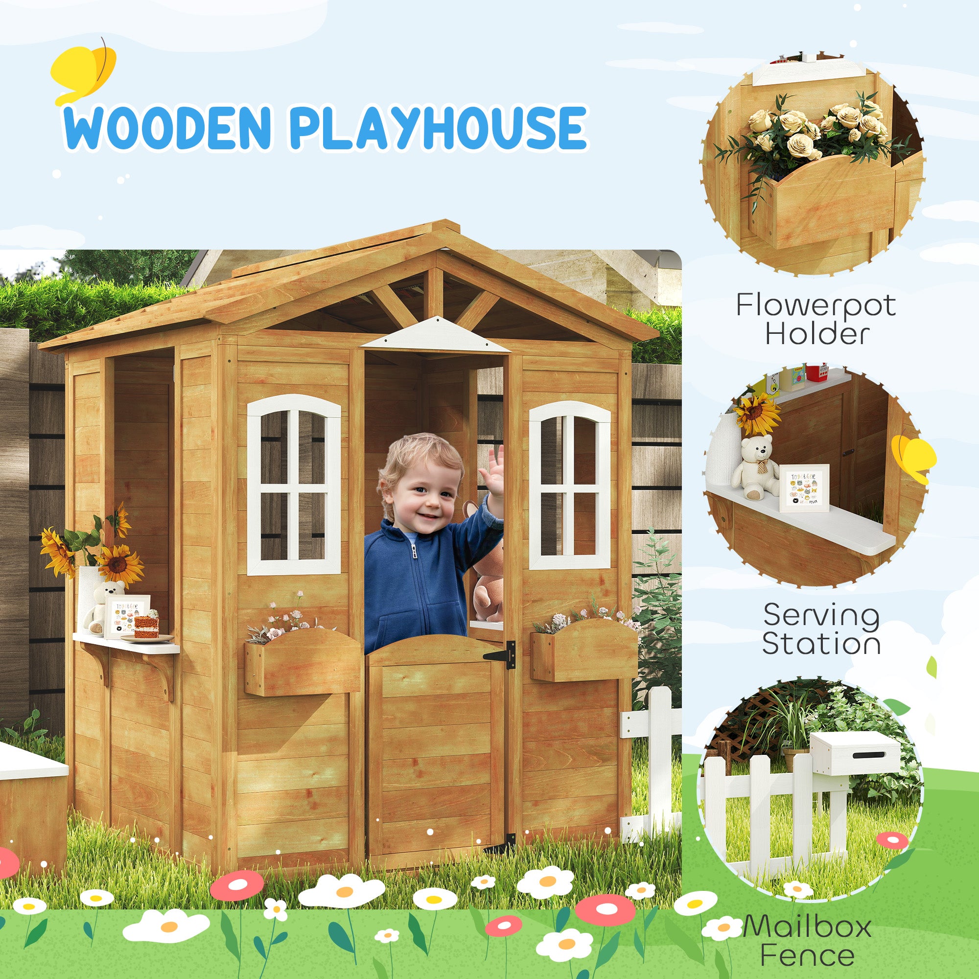 Outsunny Wooden Kids Playhouse with Door, Windows, Mailbox & Flower Pot Holder - Outdoor Playhouse with Serving Station & Bench for Backyard, Garden (Yellow) - Perfect for Pretend Play, Outdoor Fun & Imaginative Games