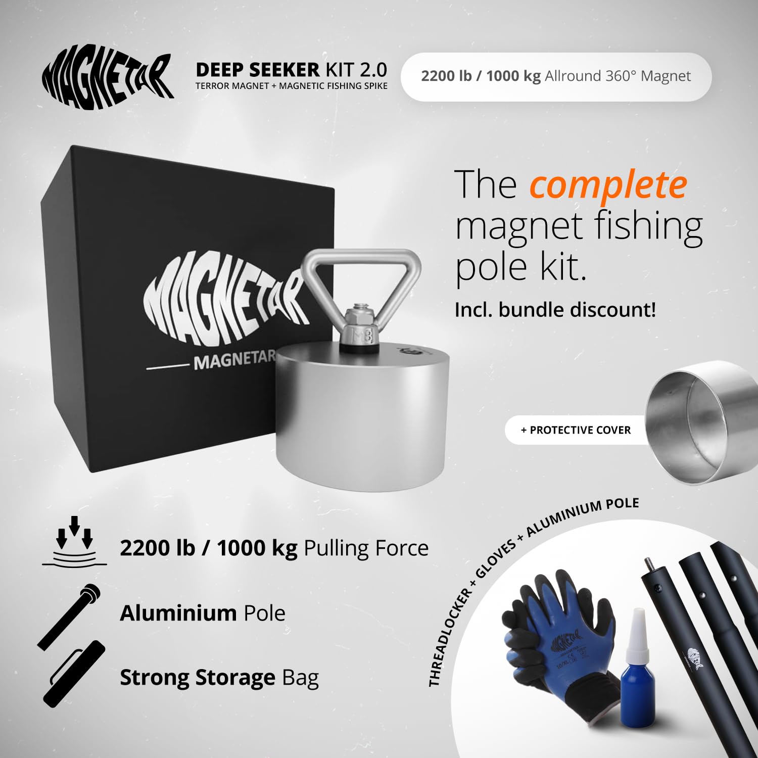 **Magnetar 2000 LB Magnetic Fishing Kit with 360° Rotating Magnet, Prodding Stick, Gloves & Cover - Strong Neodymium Magnet for Underwater Treasure Hunting, River & Lake Fishing, Metal Recovery**